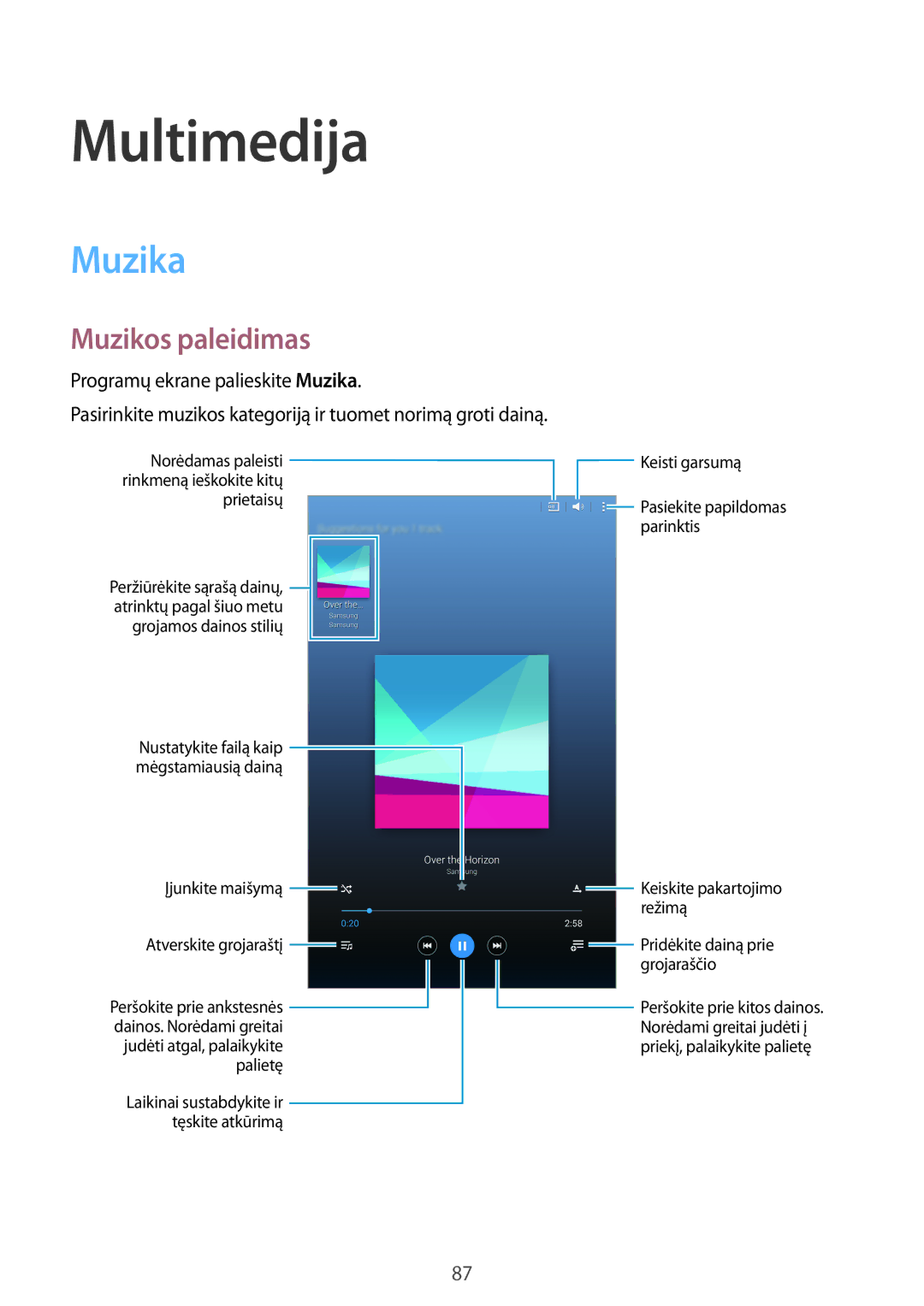 Samsung SM-T700NTSASEB, SM-T700NZWASEB manual Multimedija, Muzika, Muzikos paleidimas 