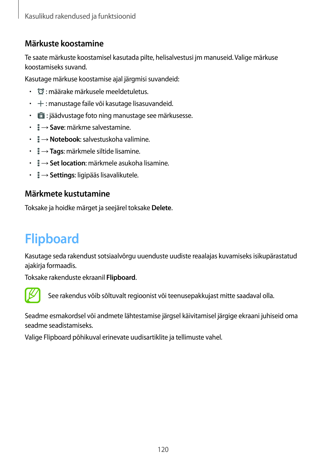 Samsung SM-T700NZWASEB manual Flipboard, Märkuste koostamine, Märkmete kustutamine, Kasulikud rakendused ja funktsioonid 