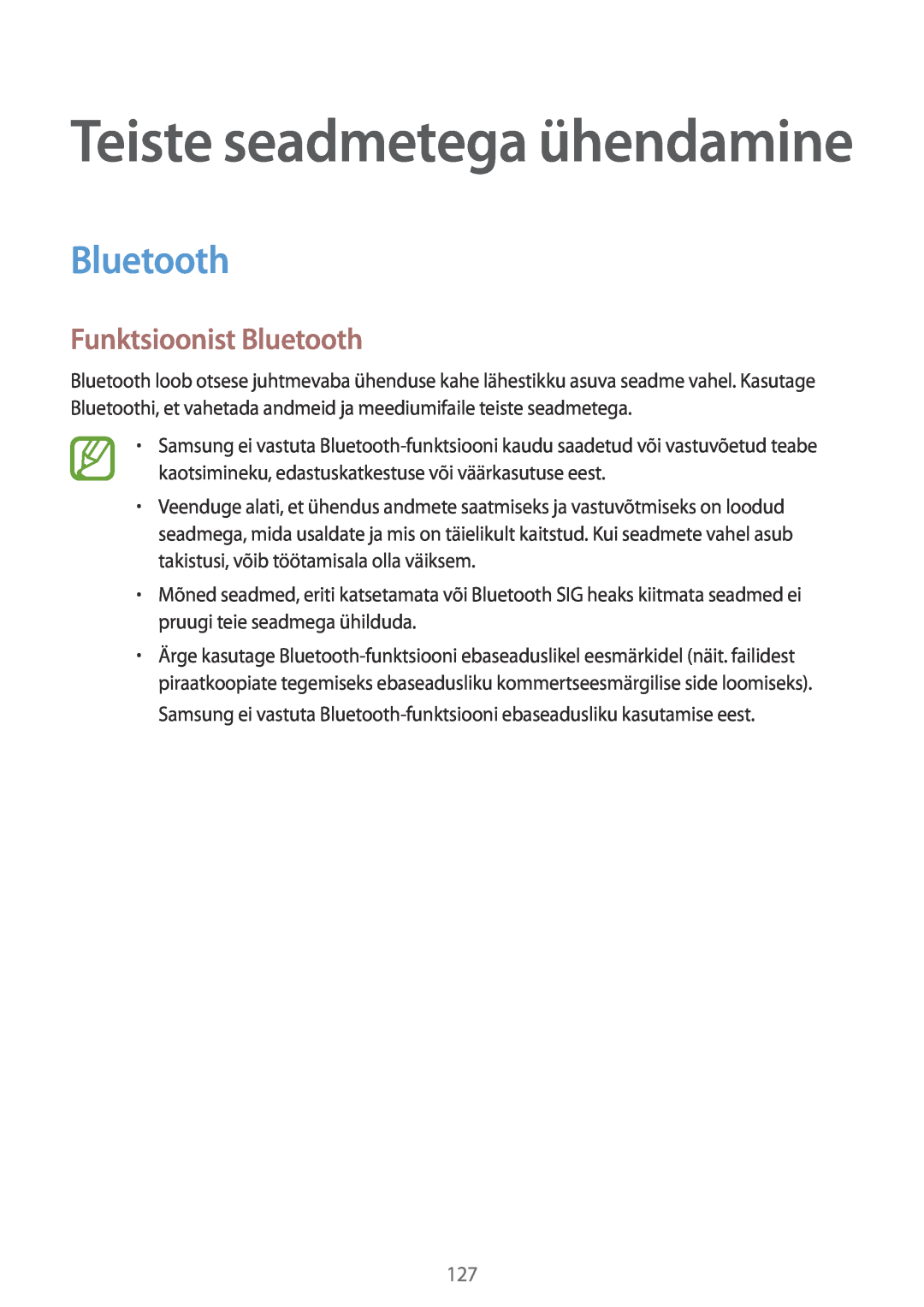 Samsung SM-T700NTSASEB, SM-T700NZWASEB manual Funktsioonist Bluetooth, Teiste seadmetega ühendamine 