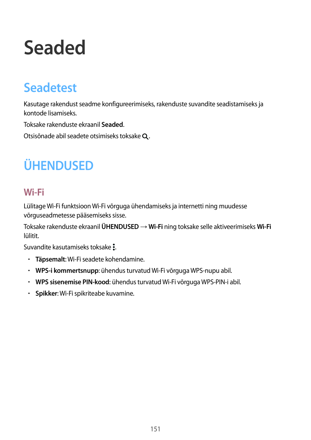 Samsung SM-T700NTSASEB, SM-T700NZWASEB manual Seaded, Seadetest, Ühendused, Wi-Fi 
