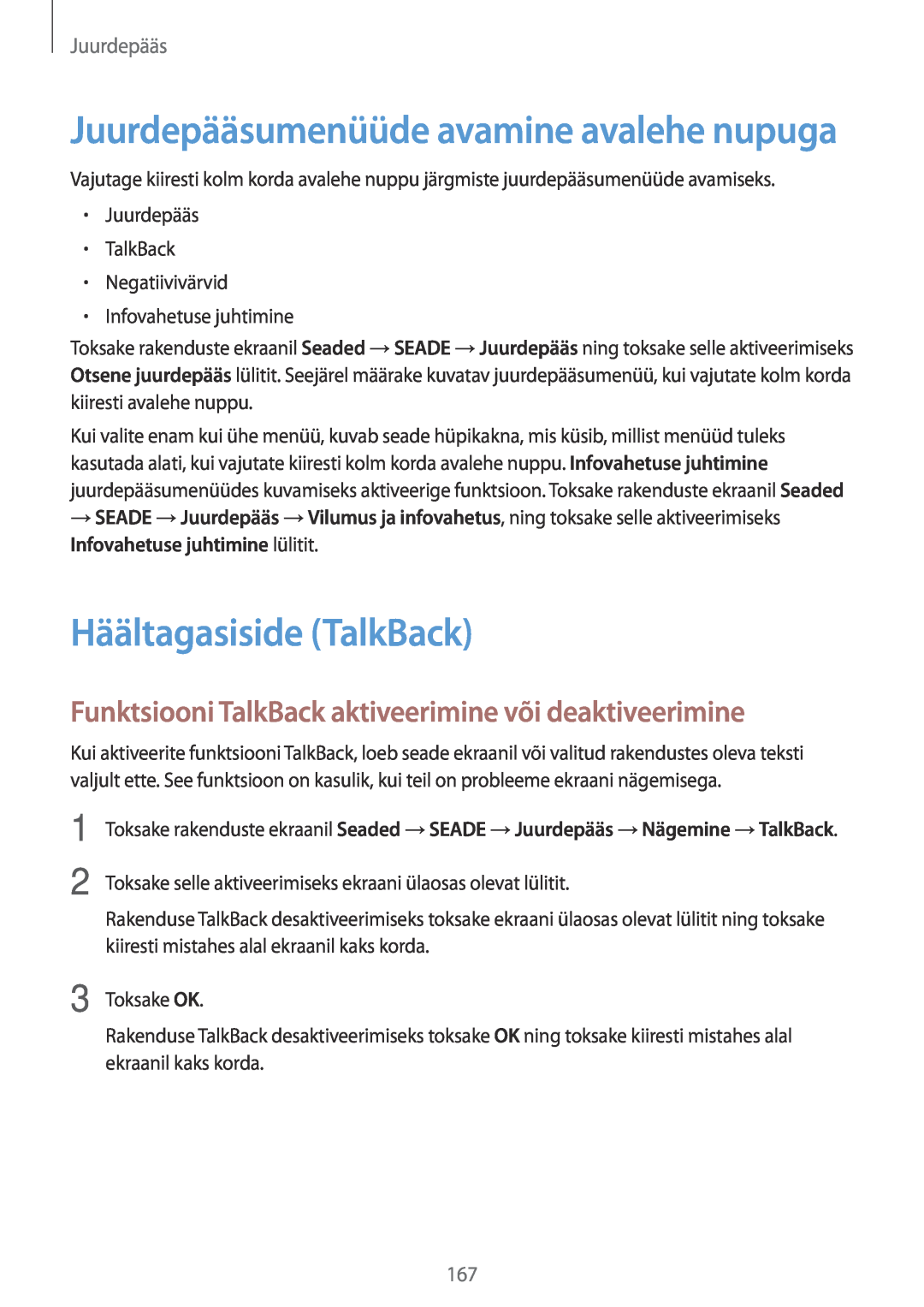 Samsung SM-T700NTSASEB manual Häältagasiside TalkBack, Funktsiooni TalkBack aktiveerimine või deaktiveerimine, Juurdepääs 