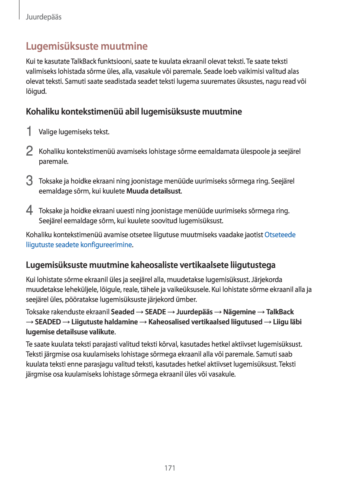 Samsung SM-T700NTSASEB manual Lugemisüksuste muutmine, Kohaliku kontekstimenüü abil lugemisüksuste muutmine, Juurdepääs 