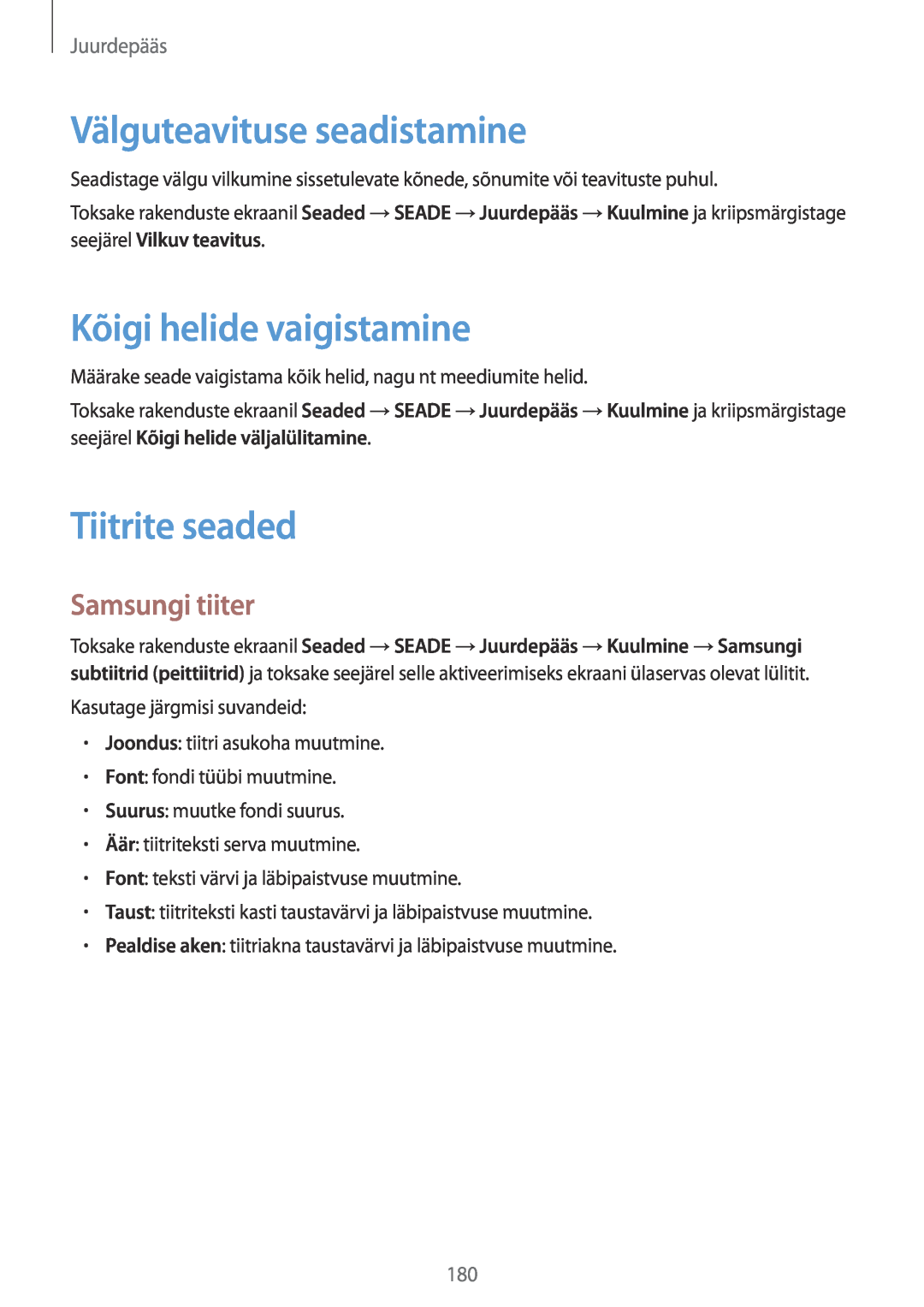 Samsung SM-T700NZWASEB manual Välguteavituse seadistamine, Kõigi helide vaigistamine, Tiitrite seaded, Samsungi tiiter 