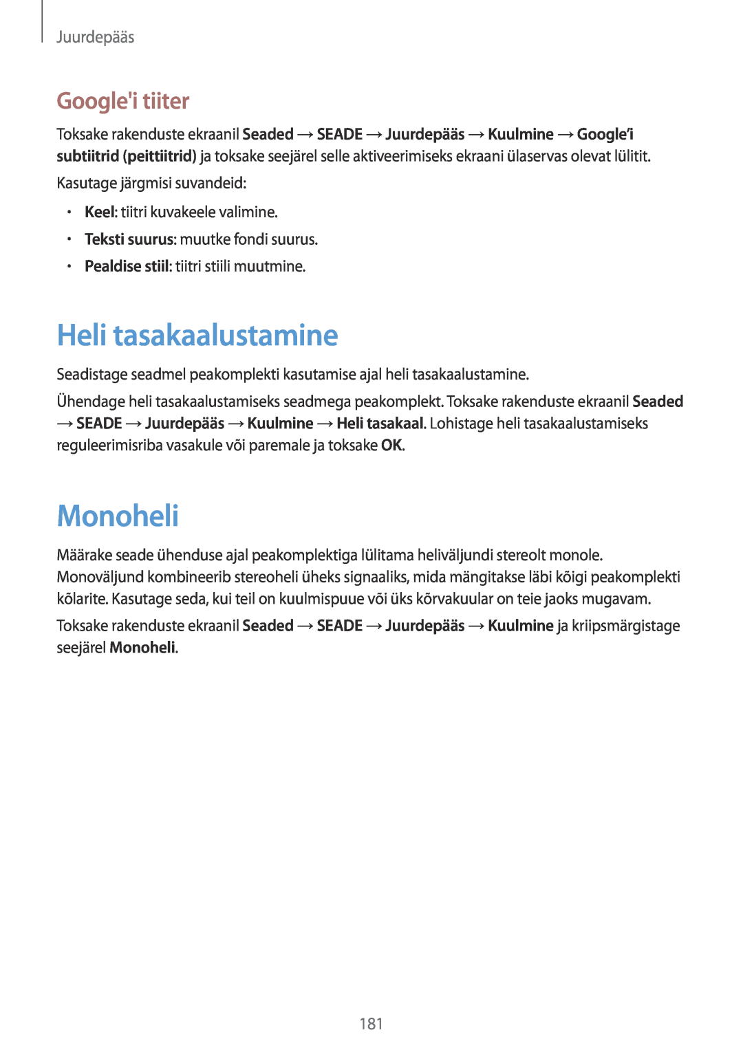 Samsung SM-T700NTSASEB, SM-T700NZWASEB manual Heli tasakaalustamine, Monoheli, Googlei tiiter, Juurdepääs 