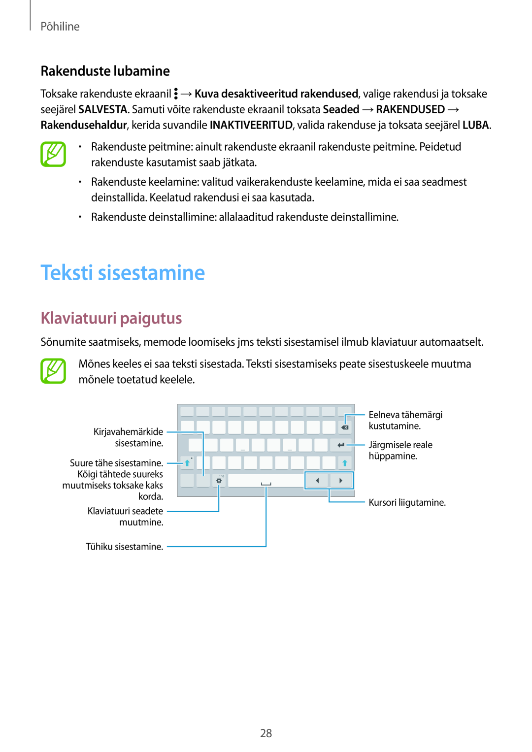 Samsung SM-T700NZWASEB, SM-T700NTSASEB manual Teksti sisestamine, Klaviatuuri paigutus, Rakenduste lubamine, Põhiline 