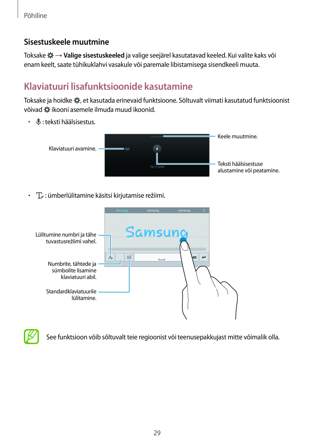 Samsung SM-T700NTSASEB, SM-T700NZWASEB manual Klaviatuuri lisafunktsioonide kasutamine, Sisestuskeele muutmine, Põhiline 