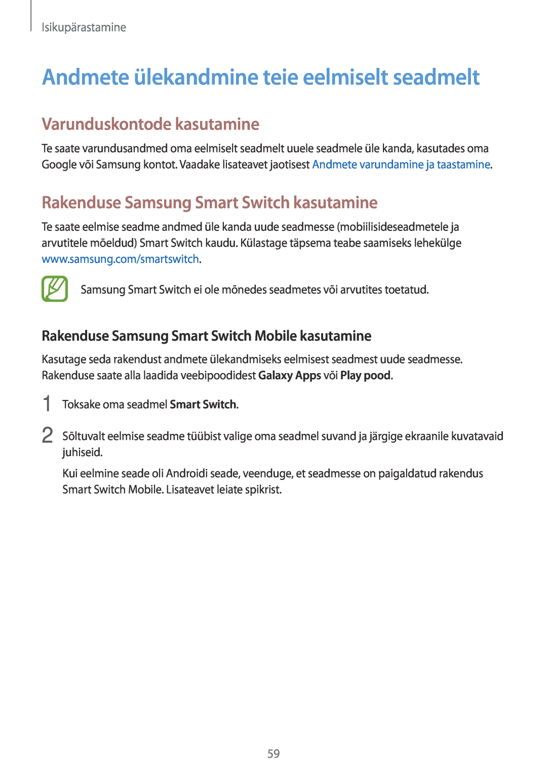 Samsung SM-T700NTSASEB manual Varunduskontode kasutamine, Rakenduse Samsung Smart Switch kasutamine, Isikupärastamine 