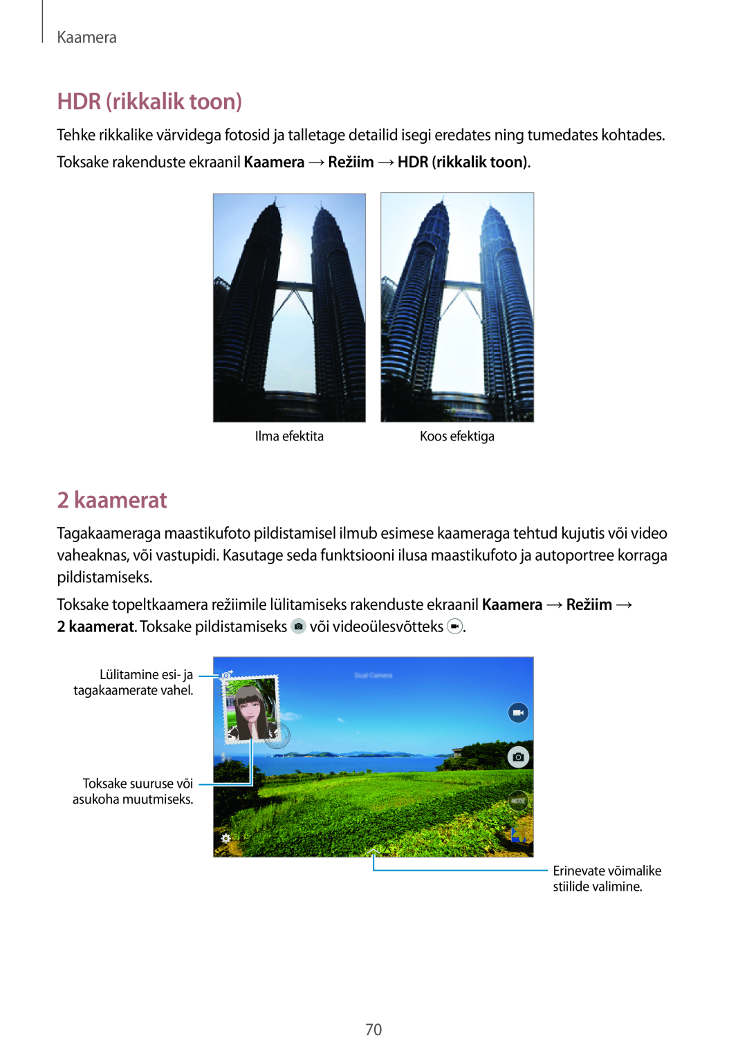 Samsung SM-T700NZWASEB, SM-T700NTSASEB manual kaamerat, Toksake rakenduste ekraanil Kaamera →Režiim →HDR rikkalik toon 
