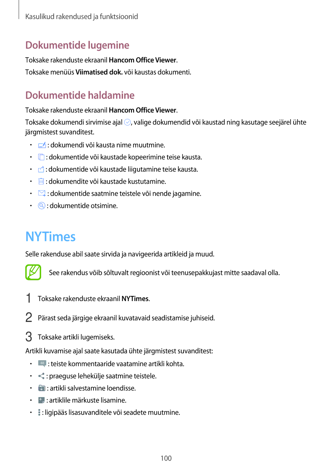 Samsung SM-T700NZWASEB, SM-T800NTSASEB, SM-T800NZWASEB, SM-T700NTSASEB NYTimes, Dokumentide lugemine, Dokumentide haldamine 