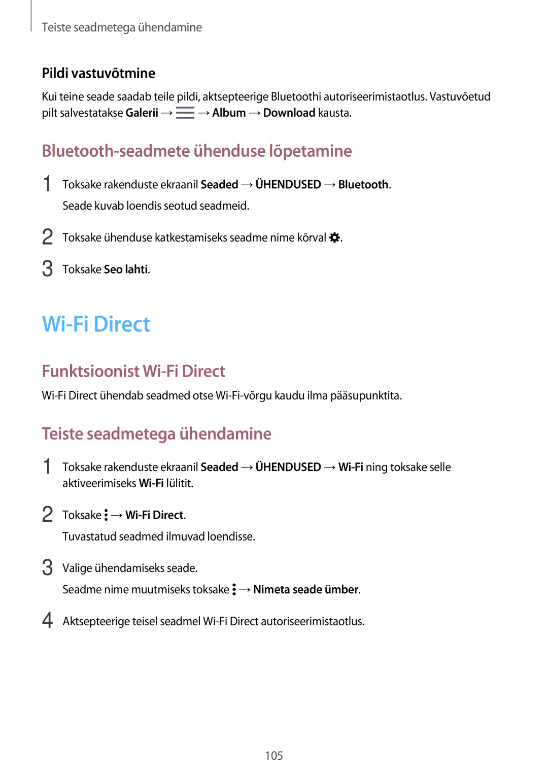 Samsung SM-T700NZWASEB manual Bluetooth-seadmete ühenduse lõpetamine, Funktsioonist Wi-Fi Direct, Pildi vastuvõtmine 