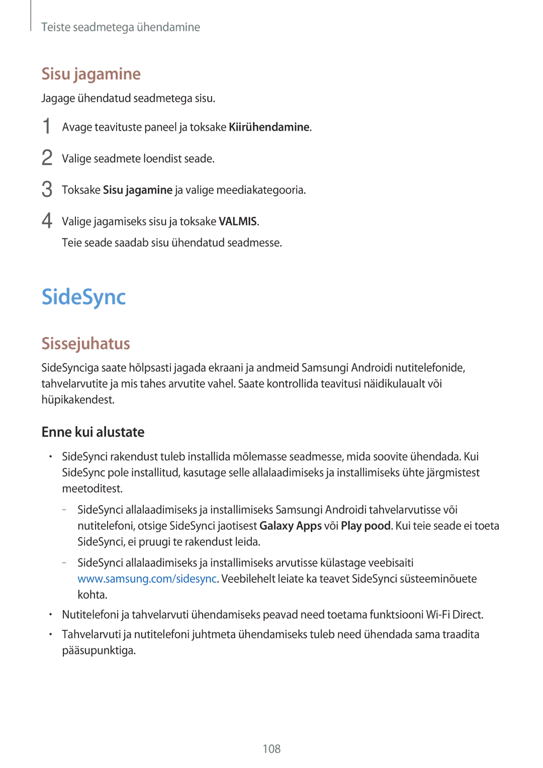 Samsung SM-T700NTSASEB, SM-T700NZWASEB, SM-T800NTSASEB manual SideSync, Sisu jagamine, Sissejuhatus, Enne kui alustate 