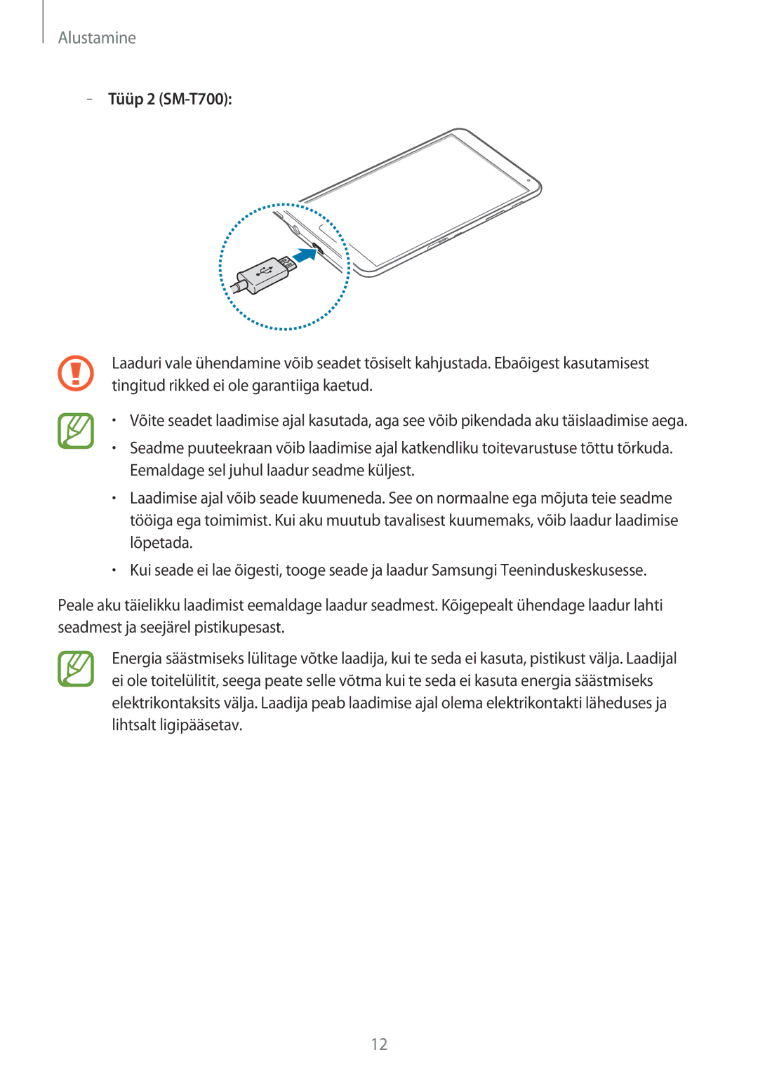 Samsung SM-T800NZWASEB, SM-T700NZWASEB, SM-T800NTSASEB, SM-T700NTSASEB, SM-T800NHAASEB manual Tüüp 2 SM-T700 