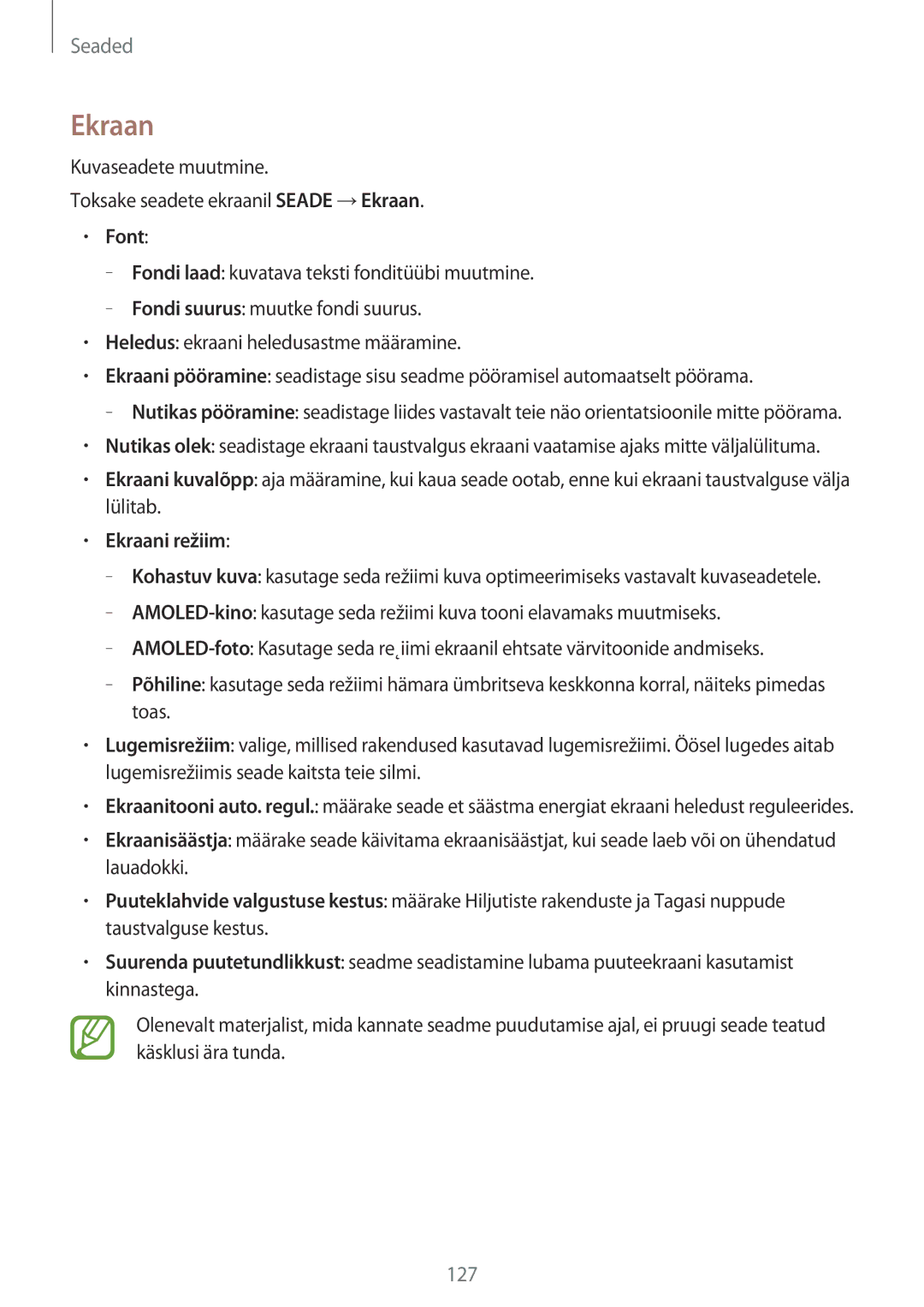 Samsung SM-T800NZWASEB, SM-T700NZWASEB, SM-T800NTSASEB, SM-T700NTSASEB, SM-T800NHAASEB manual Font, Ekraani režiim 