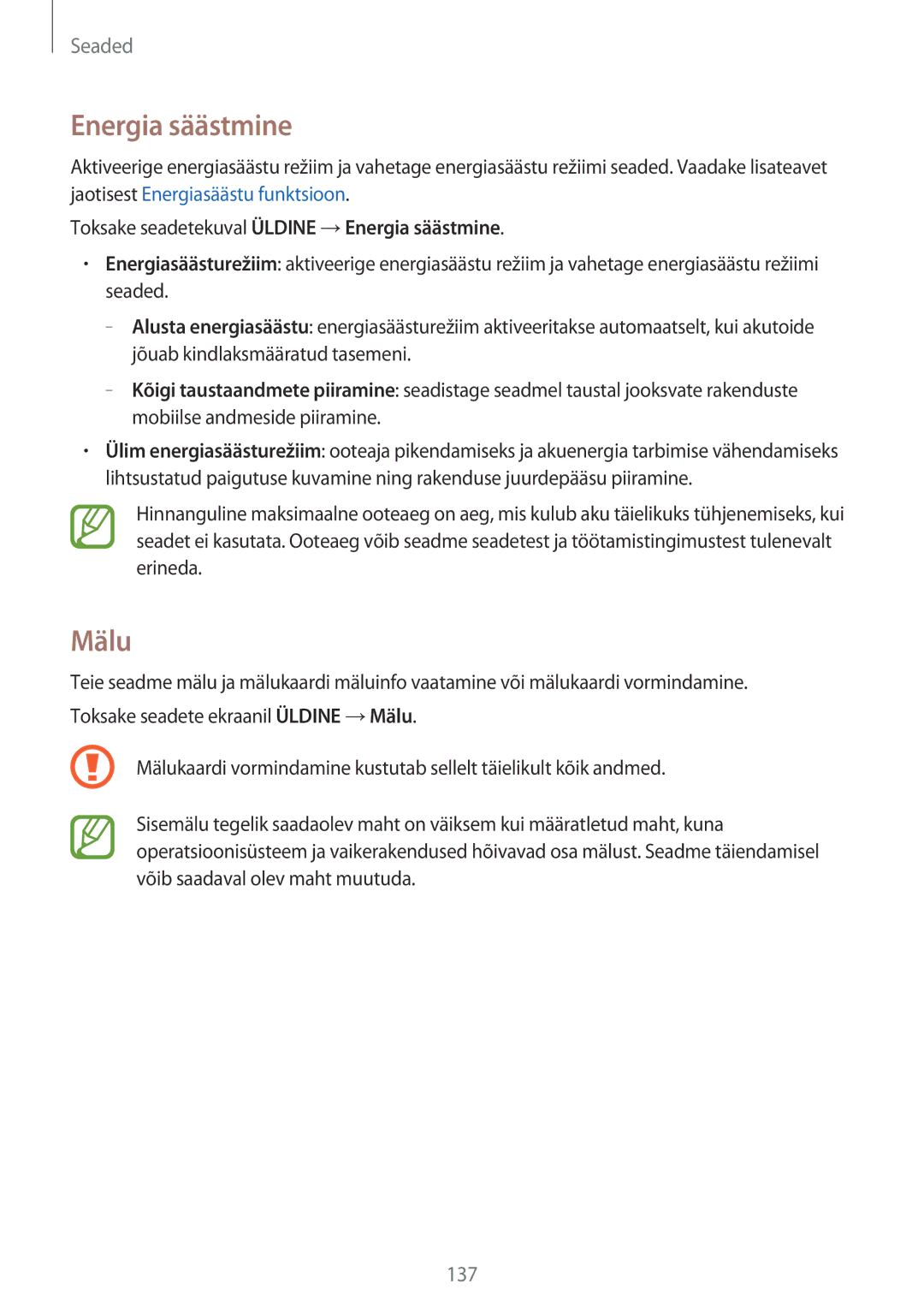 Samsung SM-T800NZWASEB, SM-T700NZWASEB, SM-T800NTSASEB manual Mälu, Toksake seadetekuval Üldine →Energia säästmine 