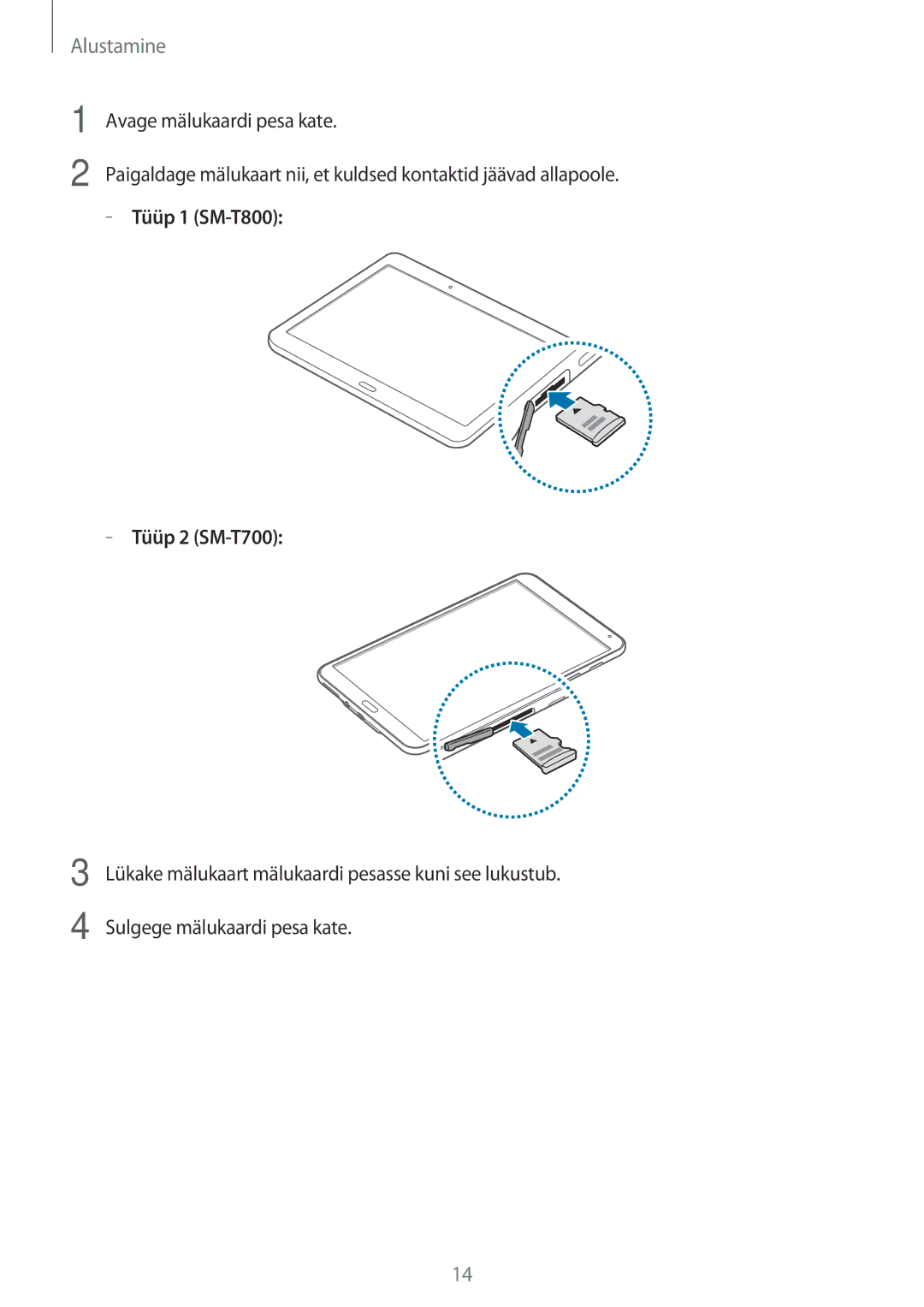 Samsung SM-T800NHAASEB, SM-T700NZWASEB, SM-T800NTSASEB, SM-T800NZWASEB, SM-T700NTSASEB manual Tüüp 1 SM-T800 Tüüp 2 SM-T700 