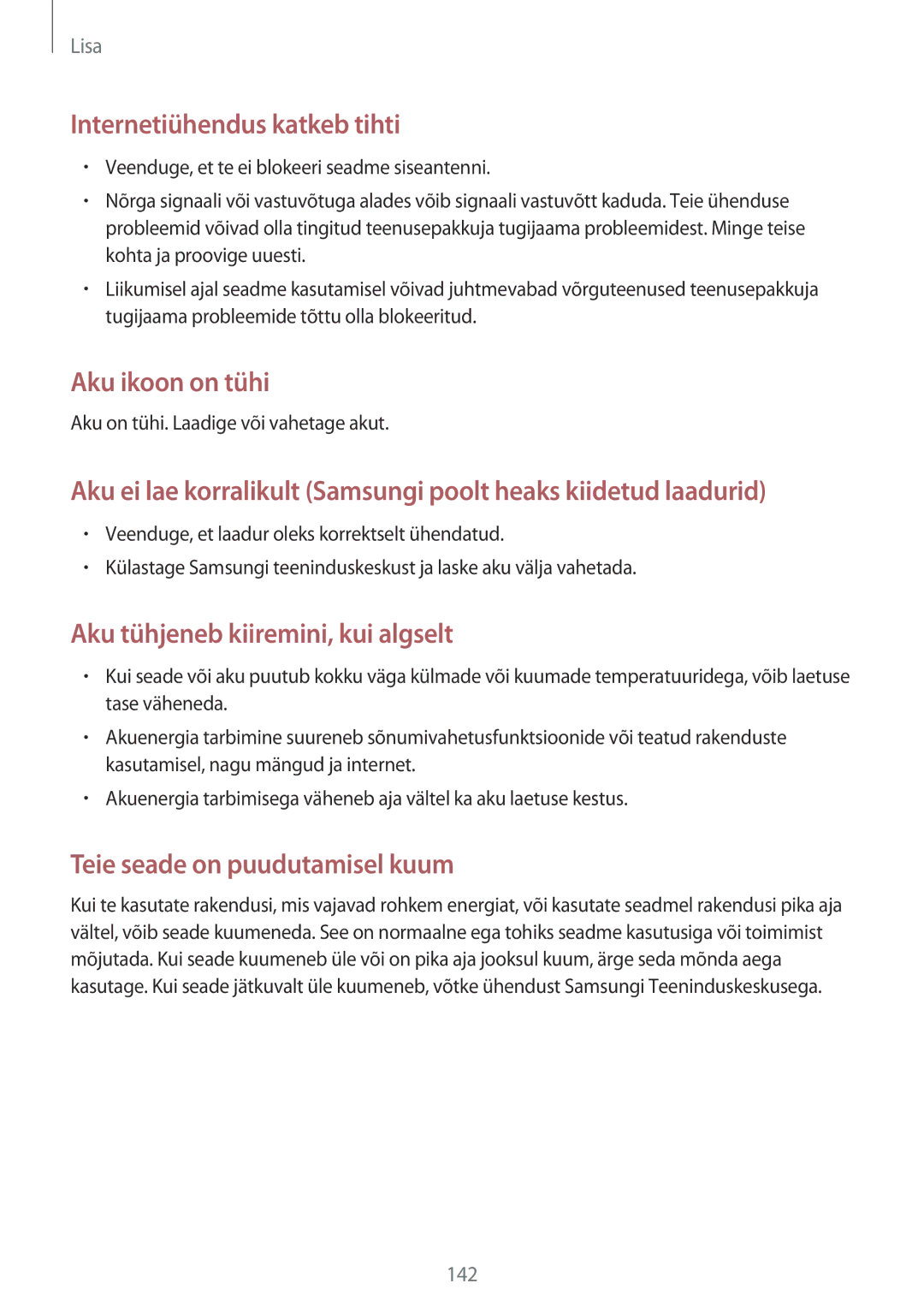 Samsung SM-T800NZWASEB, SM-T700NZWASEB, SM-T800NTSASEB, SM-T700NTSASEB, SM-T800NHAASEB manual Aku ikoon on tühi 