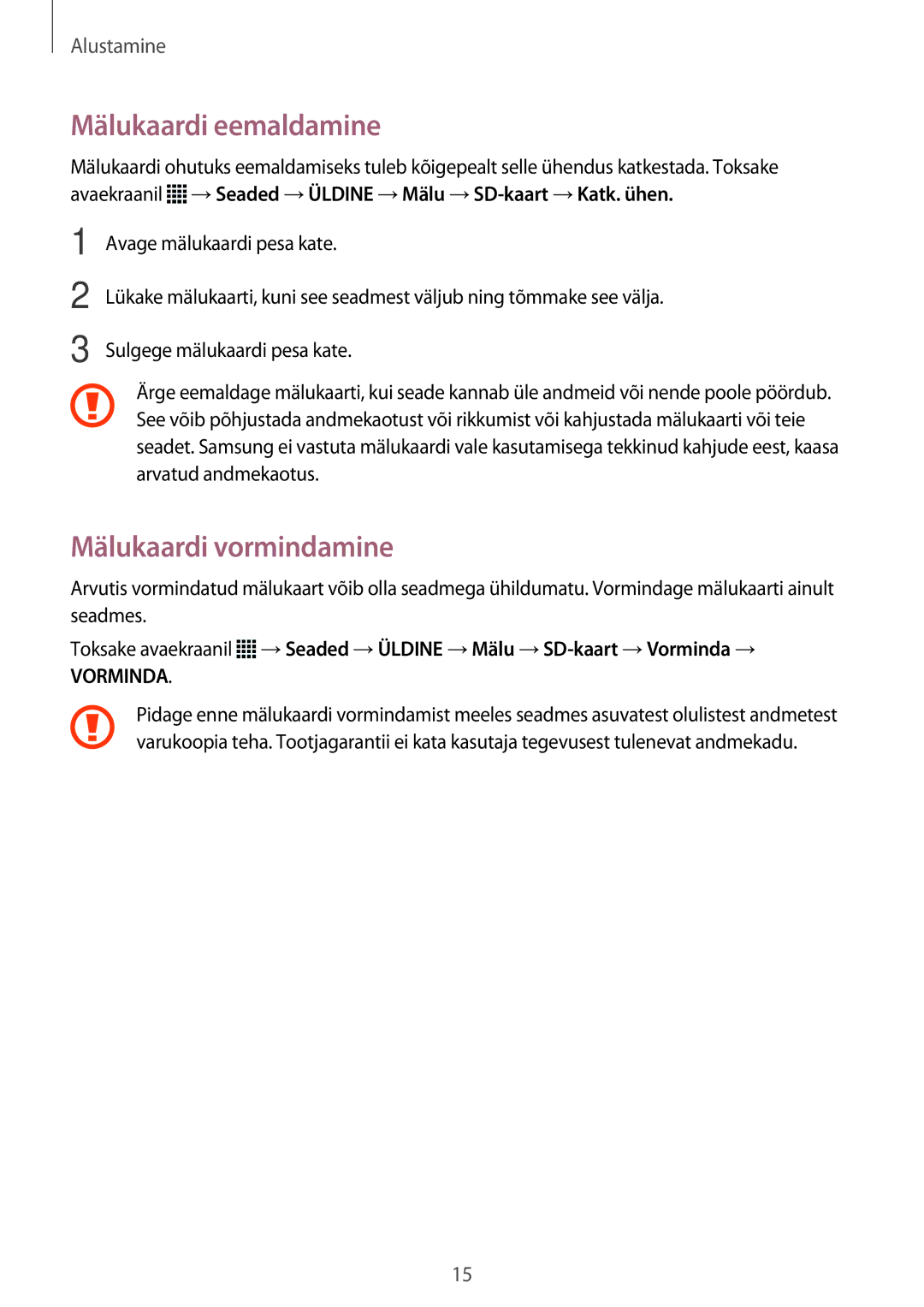 Samsung SM-T700NZWASEB, SM-T800NTSASEB, SM-T800NZWASEB, SM-T700NTSASEB manual Mälukaardi eemaldamine, Mälukaardi vormindamine 