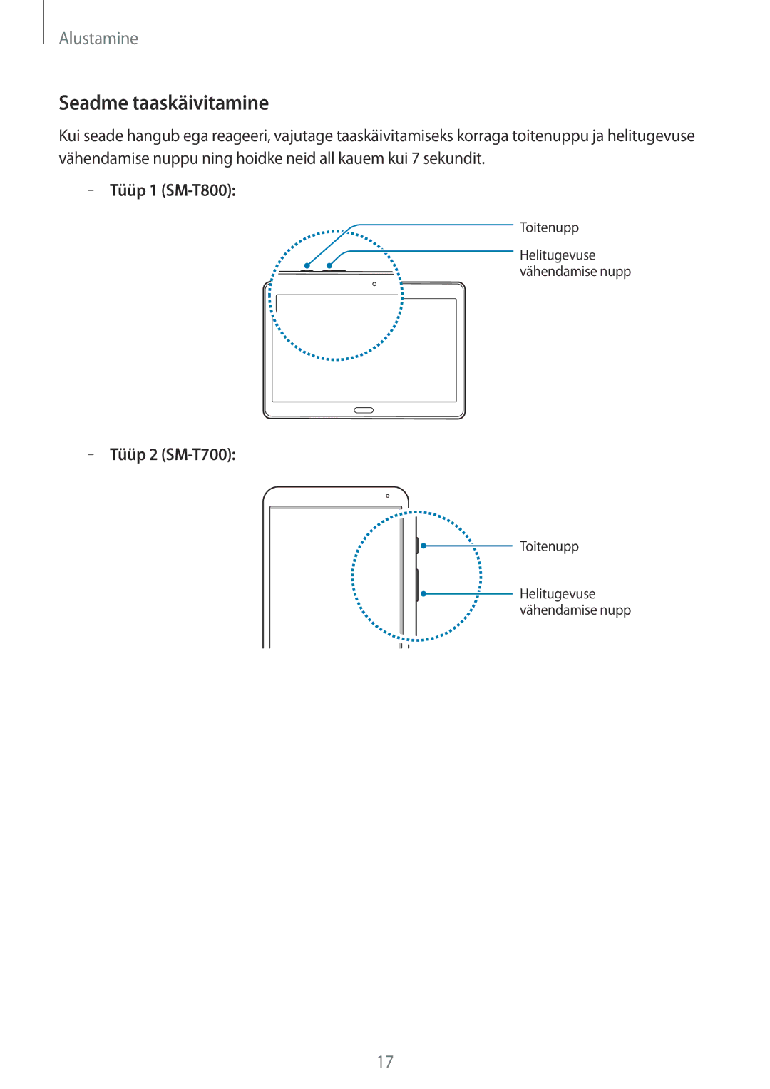 Samsung SM-T800NZWASEB, SM-T700NZWASEB, SM-T800NTSASEB, SM-T700NTSASEB, SM-T800NHAASEB Seadme taaskäivitamine, Tüüp 1 SM-T800 