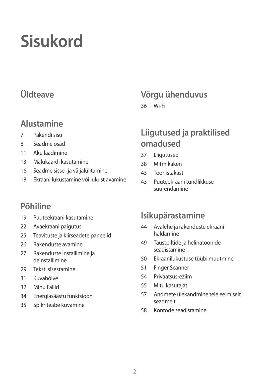 Samsung SM-T800NZWASEB, SM-T700NZWASEB, SM-T800NTSASEB, SM-T700NTSASEB, SM-T800NHAASEB manual Sisukord, Üldteave Alustamine 