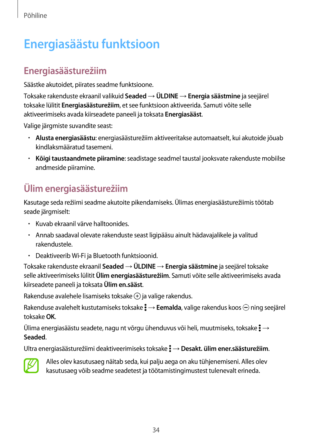 Samsung SM-T800NHAASEB, SM-T700NZWASEB manual Energiasäästu funktsioon, Energiasäästurežiim, Ülim energiasäästurežiim 