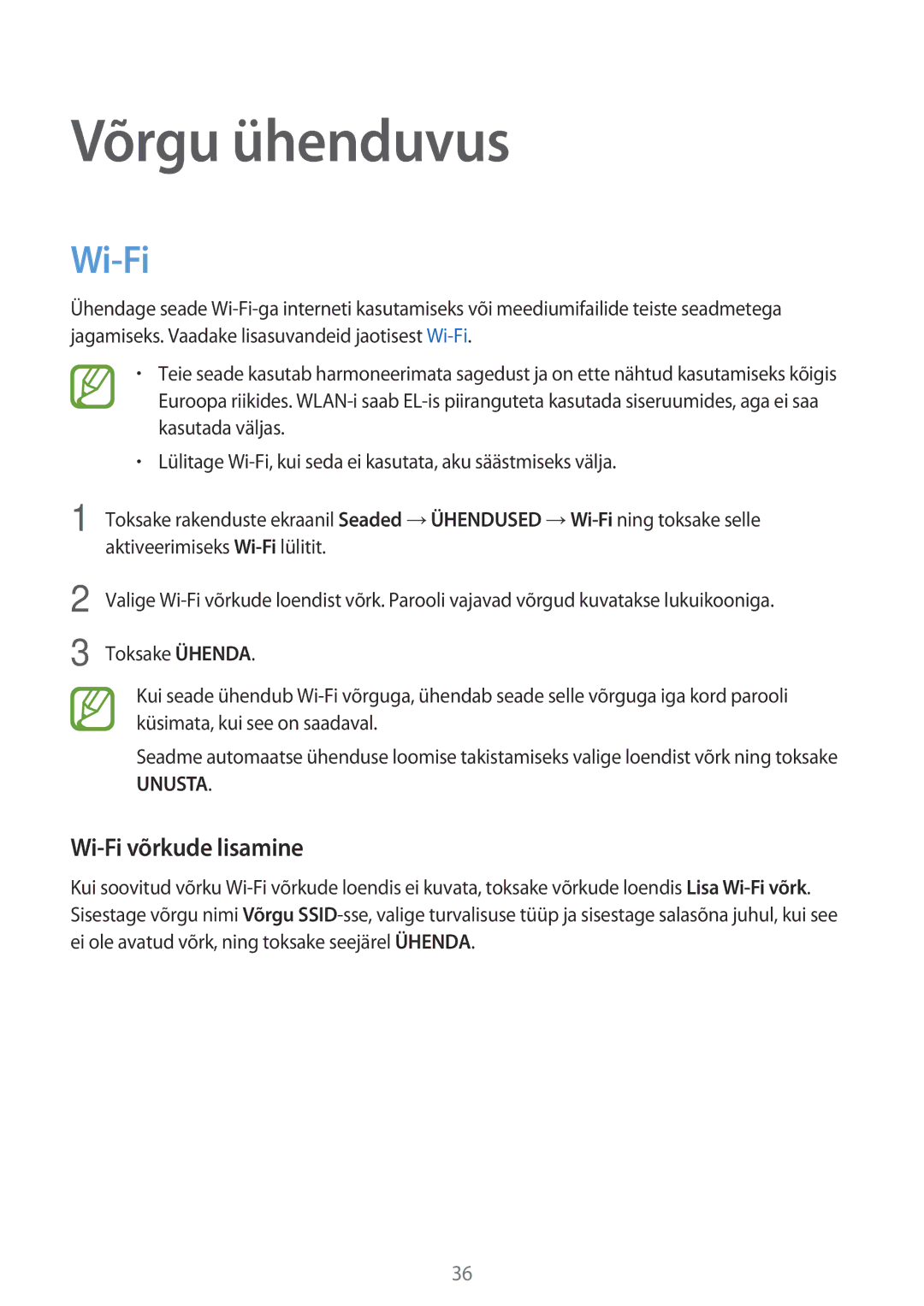 Samsung SM-T800NTSASEB, SM-T700NZWASEB, SM-T800NZWASEB, SM-T700NTSASEB manual Võrgu ühenduvus, Wi-Fi võrkude lisamine 