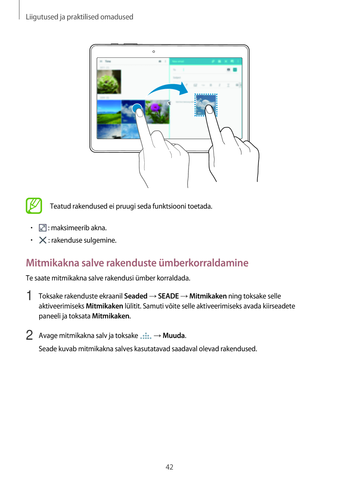 Samsung SM-T800NZWASEB, SM-T700NZWASEB, SM-T800NTSASEB, SM-T700NTSASEB manual Mitmikakna salve rakenduste ümberkorraldamine 