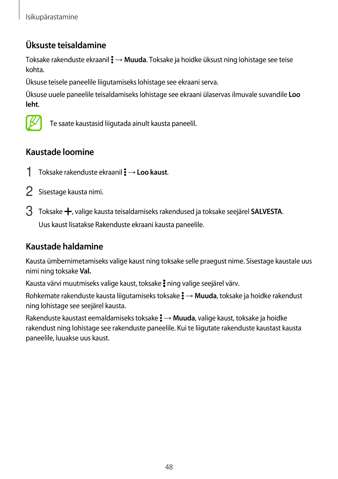 Samsung SM-T700NTSASEB, SM-T700NZWASEB, SM-T800NTSASEB, SM-T800NZWASEB manual Üksuste teisaldamine, Kaustade loomine, Leht 