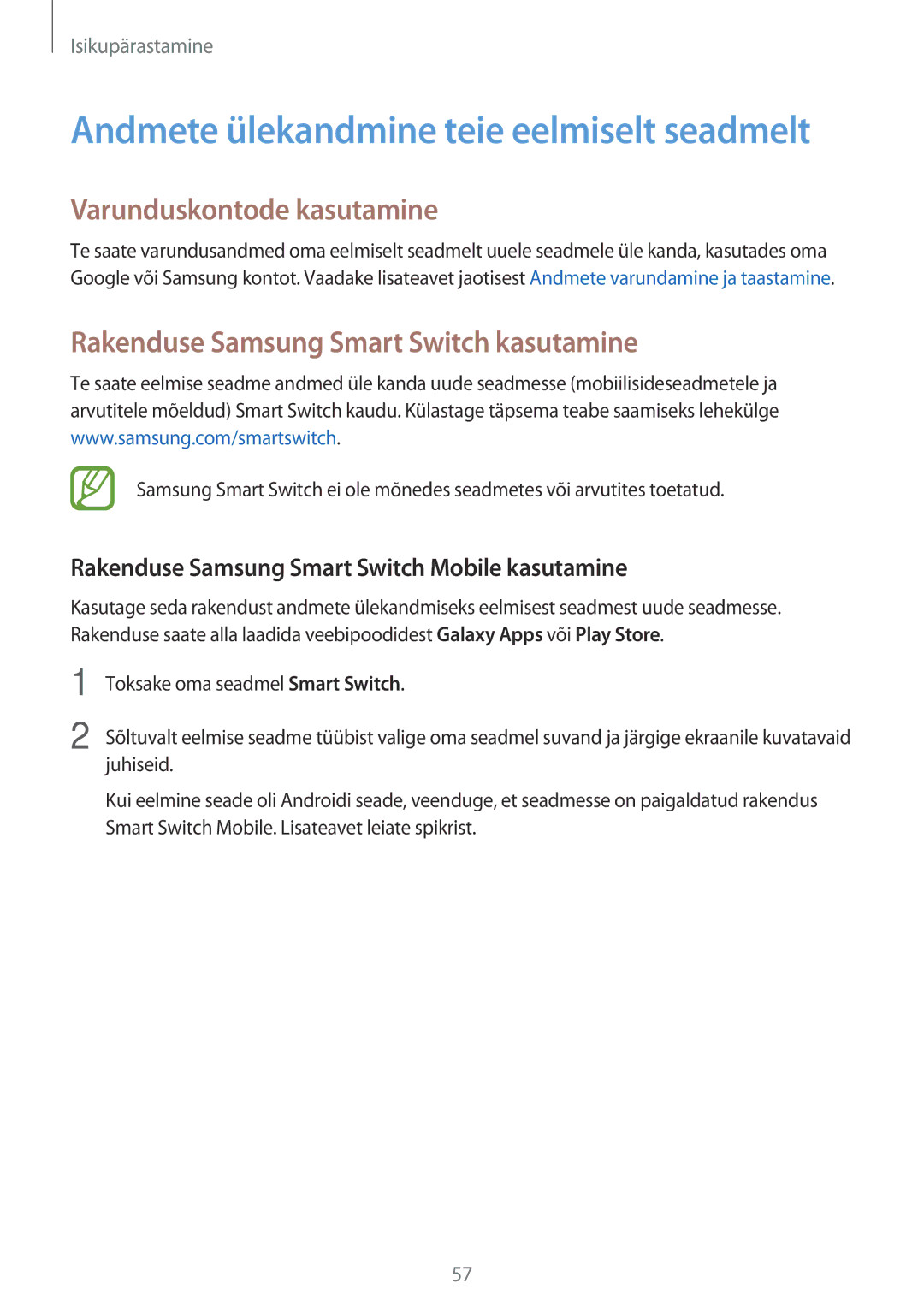 Samsung SM-T800NZWASEB, SM-T700NZWASEB manual Varunduskontode kasutamine, Rakenduse Samsung Smart Switch kasutamine 