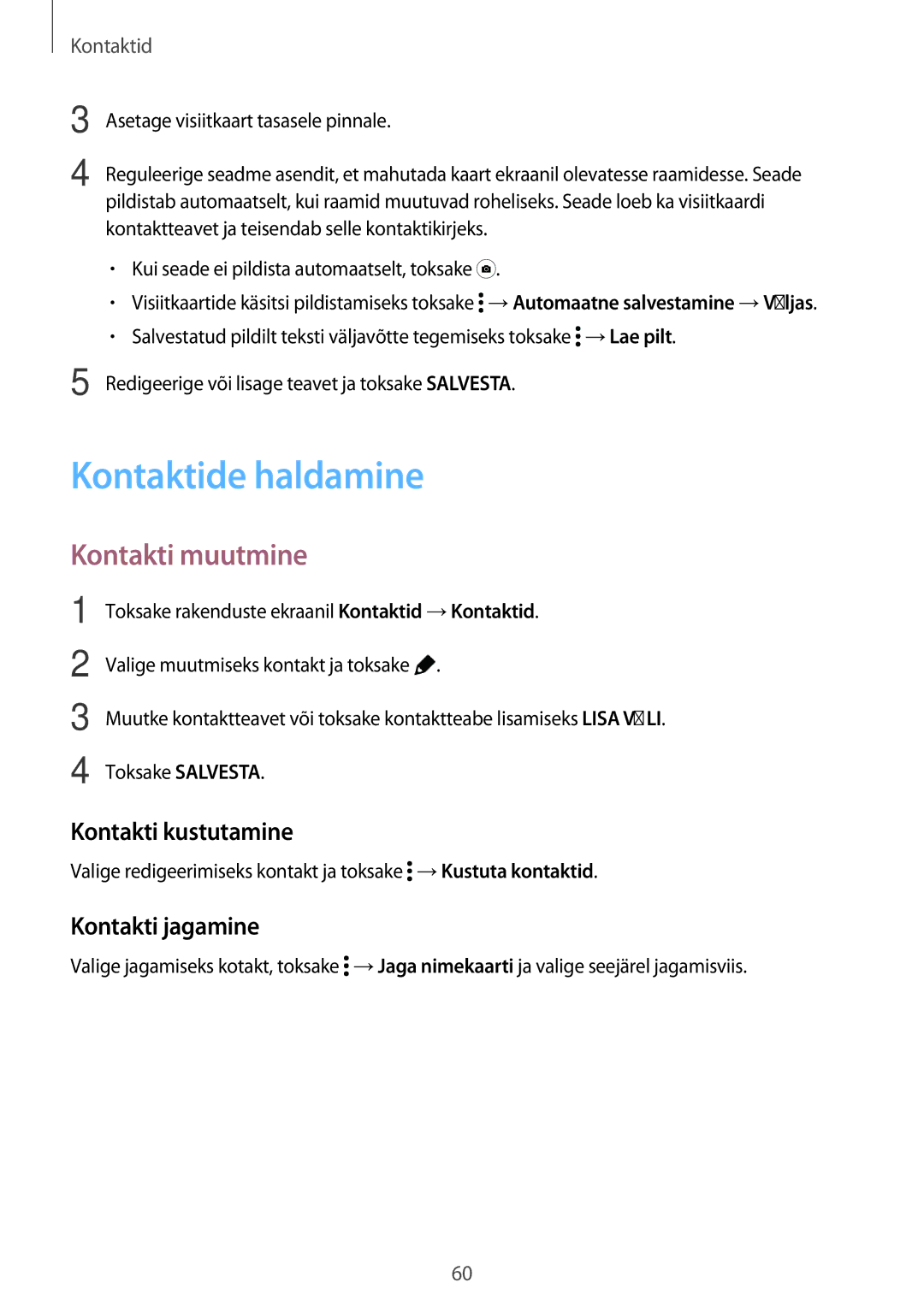 Samsung SM-T700NZWASEB, SM-T800NTSASEB Kontaktide haldamine, Kontakti muutmine, Kontakti kustutamine, Kontakti jagamine 