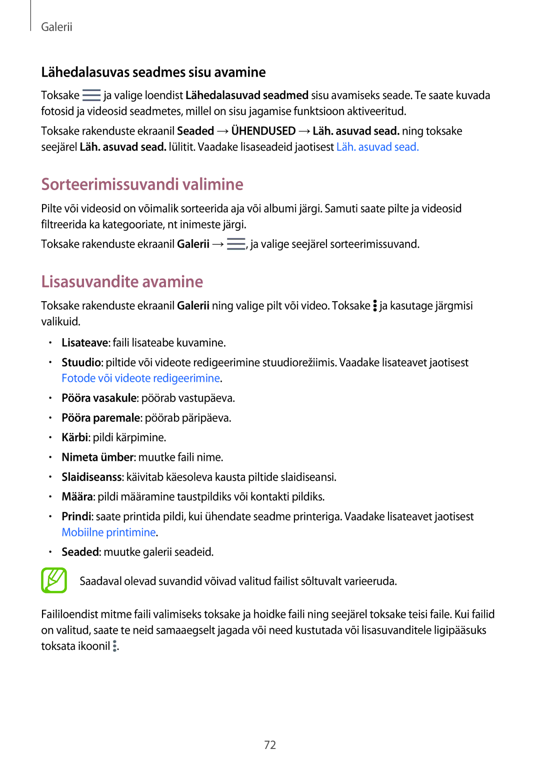 Samsung SM-T800NZWASEB manual Sorteerimissuvandi valimine, Lisasuvandite avamine, Lähedalasuvas seadmes sisu avamine 