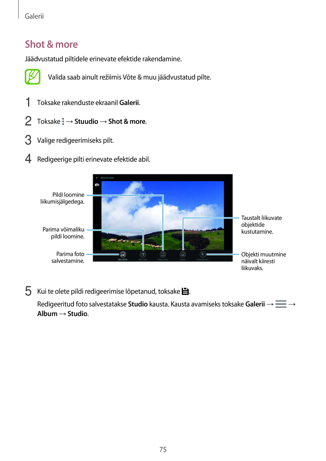 Samsung SM-T700NZWASEB, SM-T800NTSASEB, SM-T800NZWASEB, SM-T700NTSASEB, SM-T800NHAASEB manual Toksake →Stuudio →Shot & more 