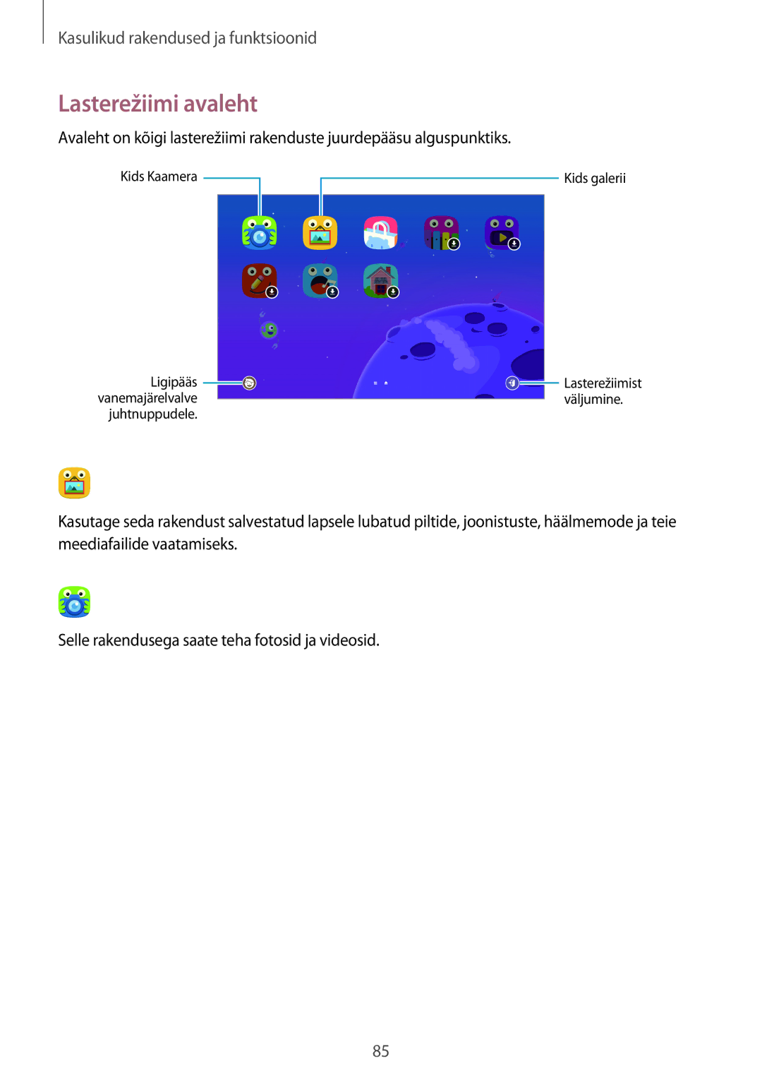 Samsung SM-T700NZWASEB, SM-T800NTSASEB, SM-T800NZWASEB, SM-T700NTSASEB, SM-T800NHAASEB manual Lasterežiimi avaleht 