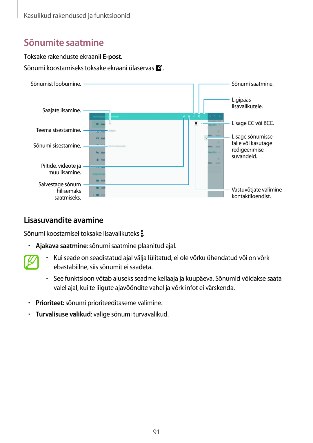 Samsung SM-T800NTSASEB, SM-T700NZWASEB, SM-T800NZWASEB, SM-T700NTSASEB manual Sõnumite saatmine, Lisasuvandite avamine 