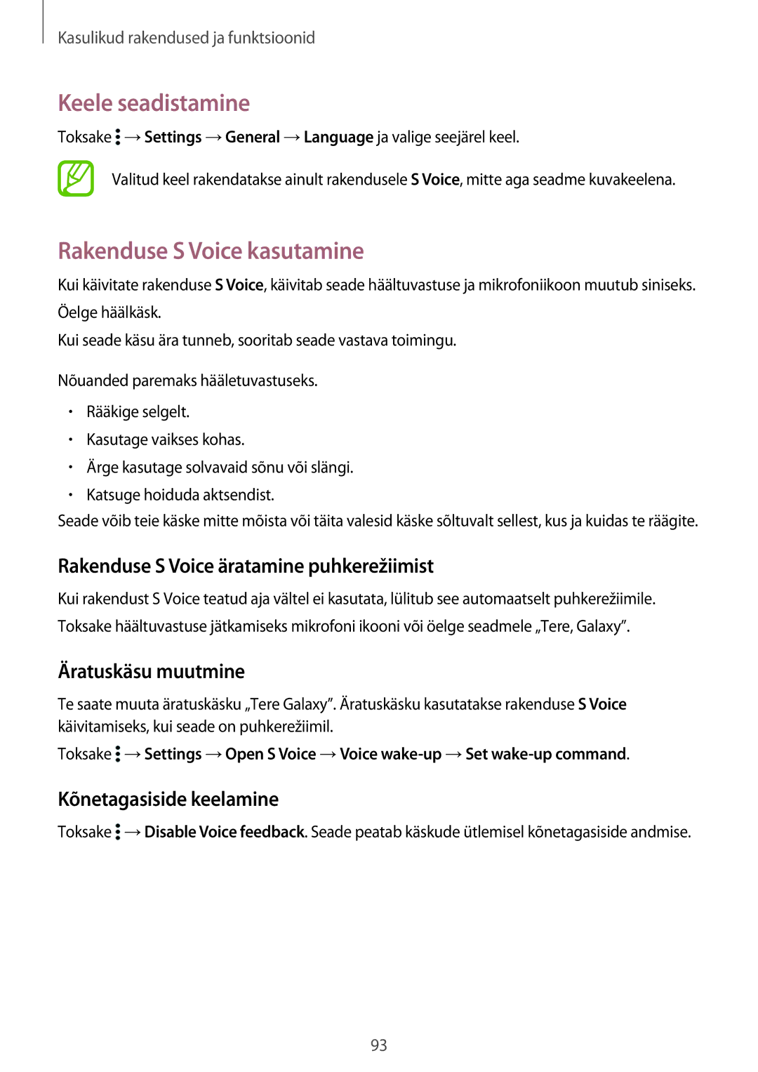 Samsung SM-T700NTSASEB manual Keele seadistamine, Rakenduse S Voice kasutamine, Rakenduse S Voice äratamine puhkerežiimist 