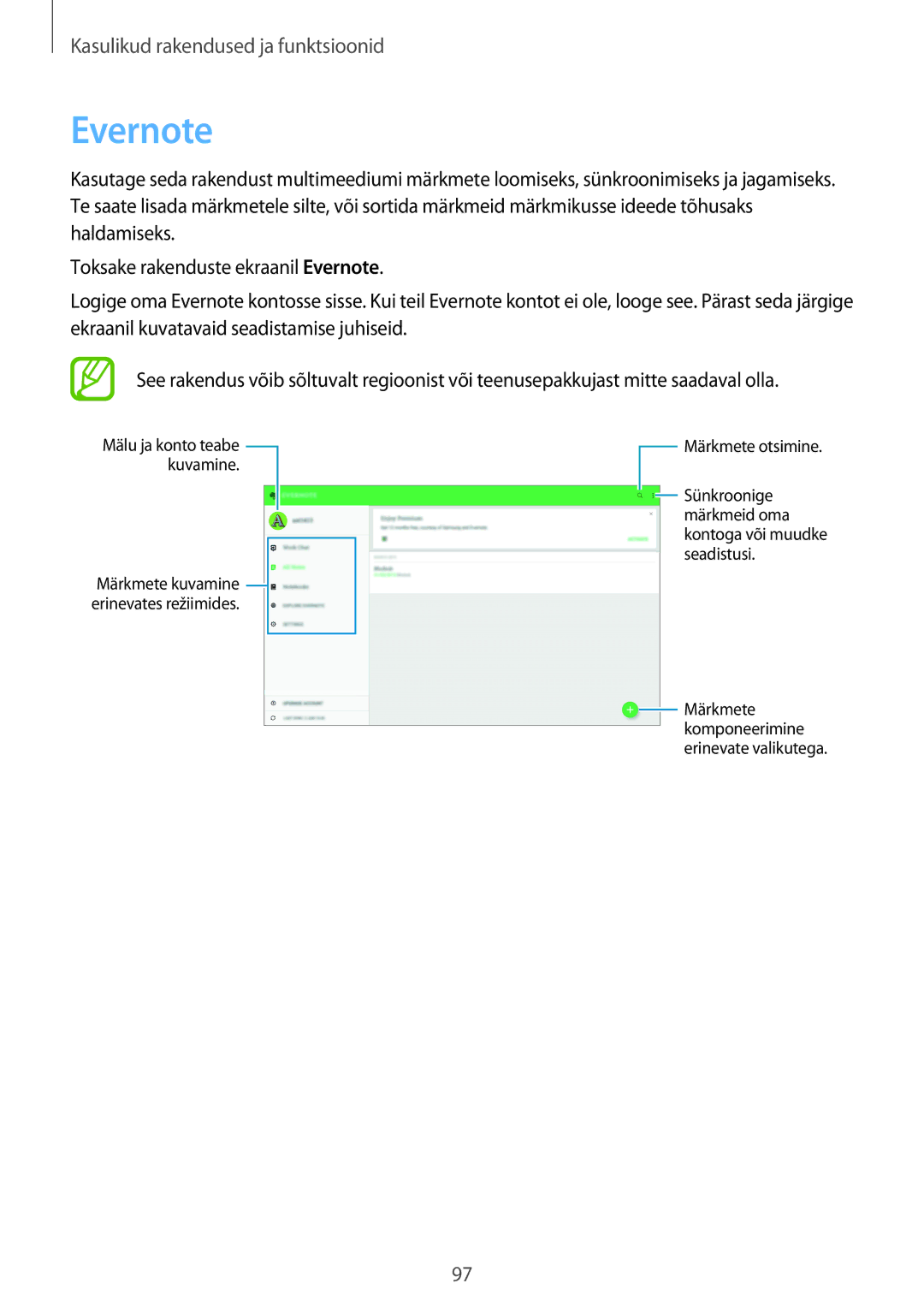 Samsung SM-T800NZWASEB, SM-T700NZWASEB, SM-T800NTSASEB, SM-T700NTSASEB, SM-T800NHAASEB manual Evernote 