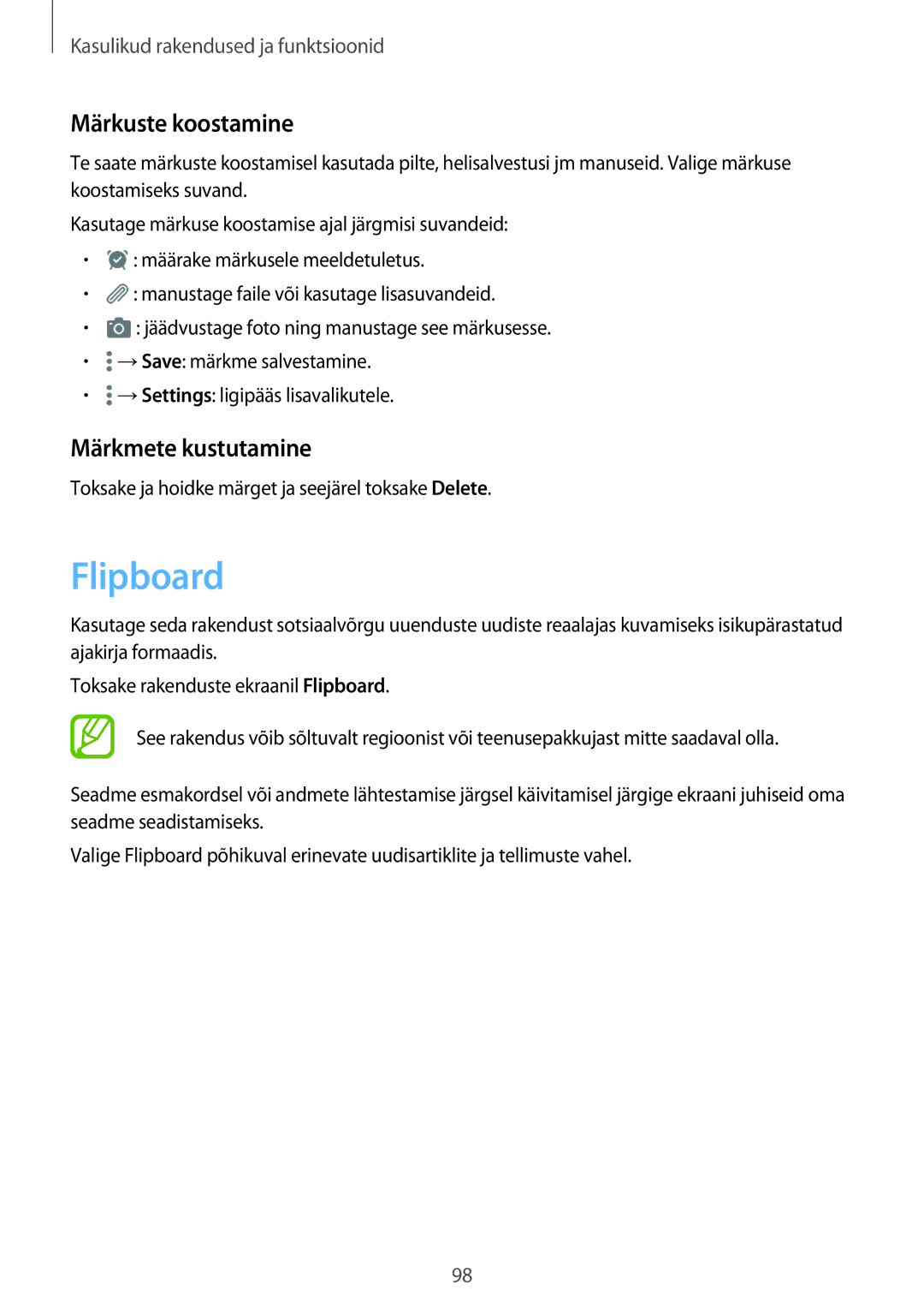 Samsung SM-T700NTSASEB, SM-T700NZWASEB, SM-T800NTSASEB, SM-T800NZWASEB Flipboard, Märkuste koostamine, Märkmete kustutamine 