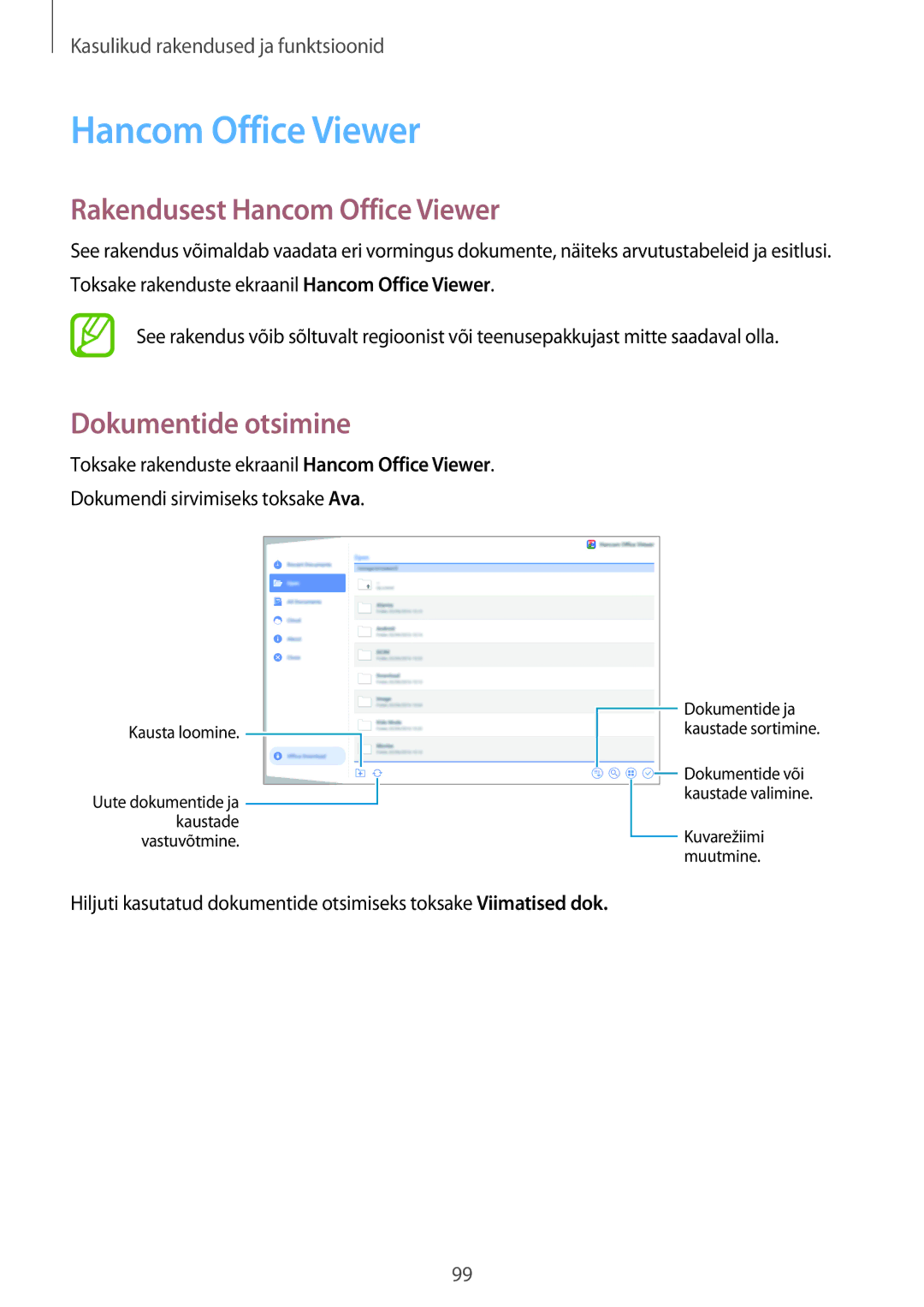 Samsung SM-T800NHAASEB, SM-T700NZWASEB, SM-T800NTSASEB manual Rakendusest Hancom Office Viewer, Dokumentide otsimine 