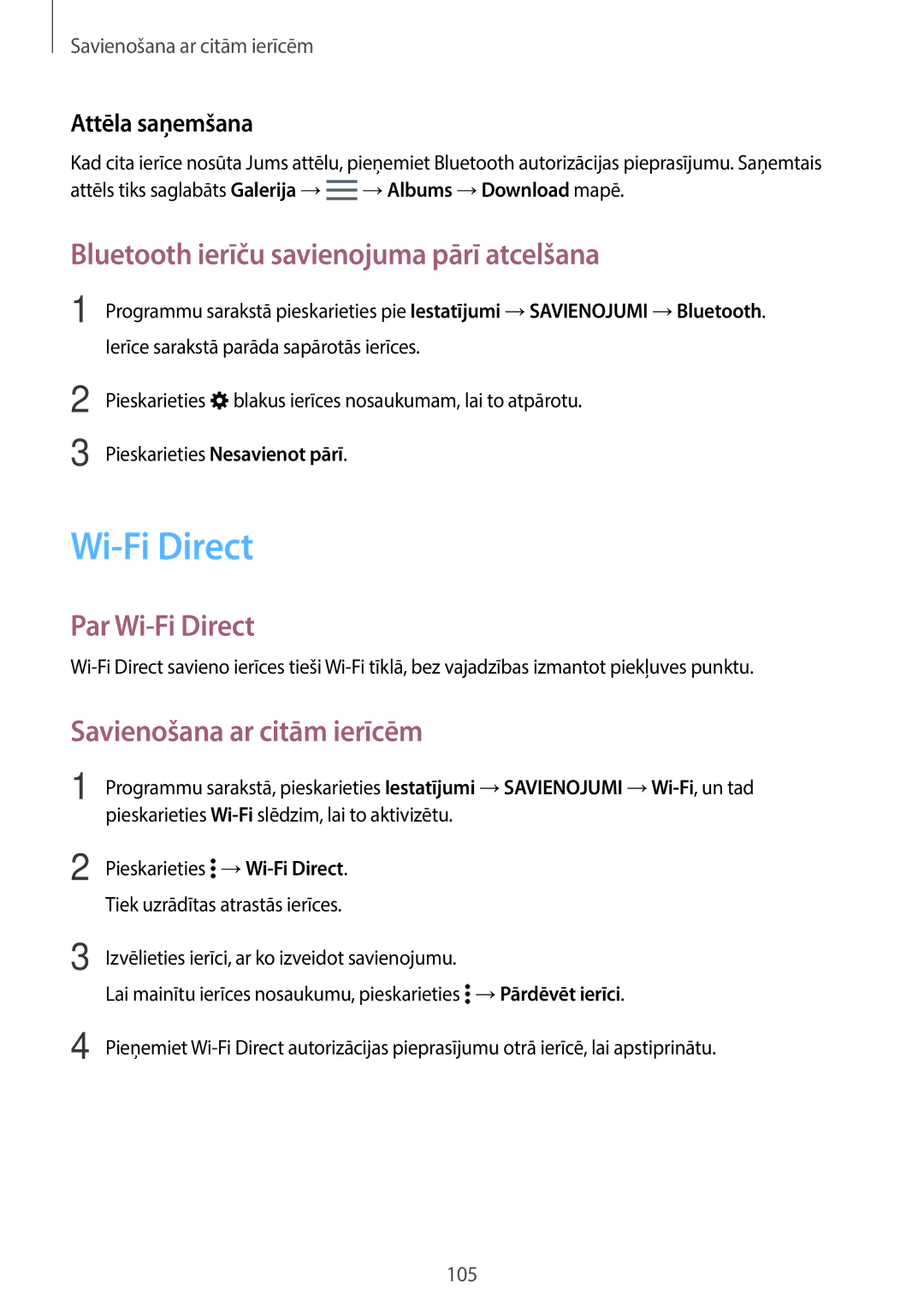 Samsung SM-T700NZWASEB Bluetooth ierīču savienojuma pārī atcelšana, Par Wi-Fi Direct, Savienošana ar citām ierīcēm 