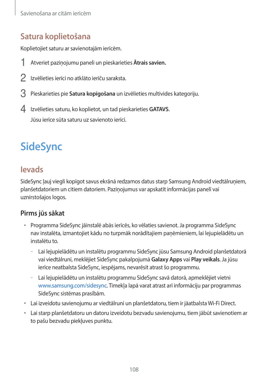 Samsung SM-T700NTSASEB, SM-T700NZWASEB, SM-T800NTSASEB manual SideSync, Satura koplietošana, Ievads, Pirms jūs sākat 