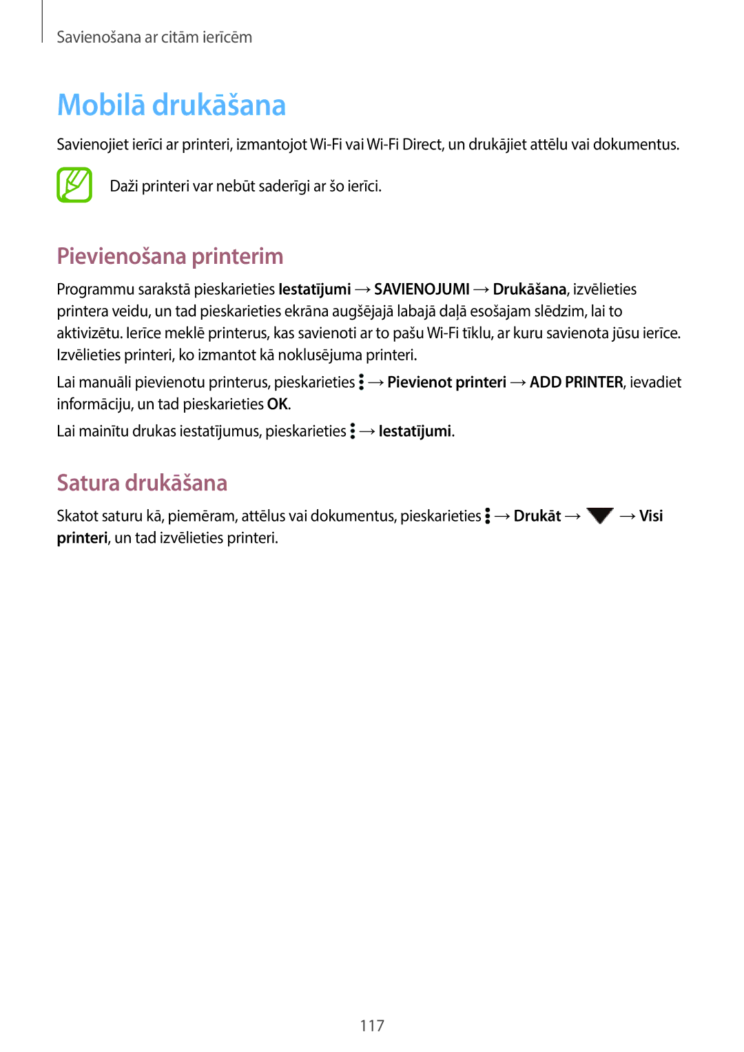 Samsung SM-T800NZWASEB, SM-T700NZWASEB, SM-T800NTSASEB manual Mobilā drukāšana, Pievienošana printerim, Satura drukāšana 