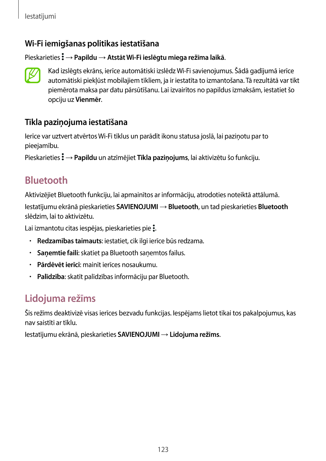 Samsung SM-T700NTSASEB Bluetooth, Lidojuma režīms, Wi-Fi iemigšanas politikas iestatīšana, Tīkla paziņojuma iestatīšana 