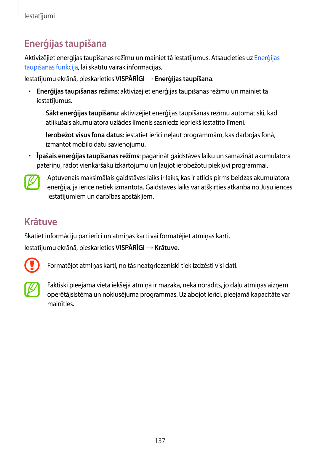 Samsung SM-T800NZWASEB, SM-T700NZWASEB, SM-T800NTSASEB, SM-T700NTSASEB, SM-T800NHAASEB manual Enerģijas taupīšana, Krātuve 