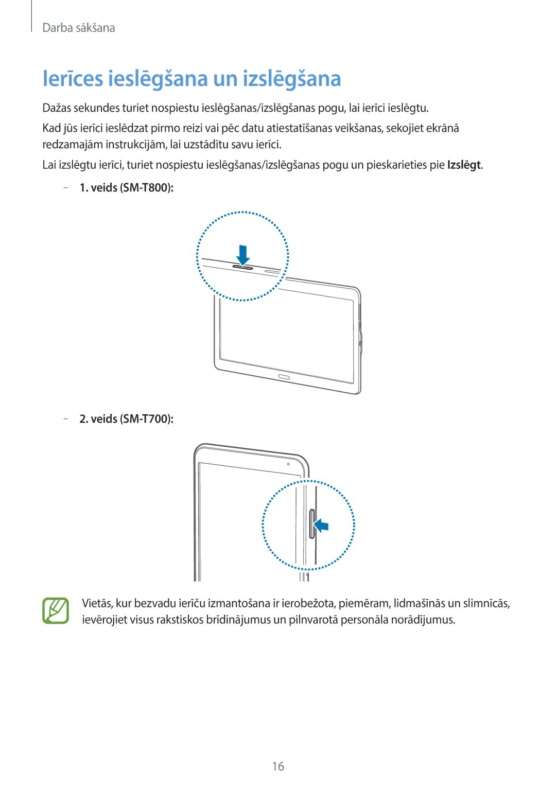 Samsung SM-T800NTSASEB, SM-T700NZWASEB, SM-T800NZWASEB, SM-T700NTSASEB, SM-T800NHAASEB manual Ierīces ieslēgšana un izslēgšana 