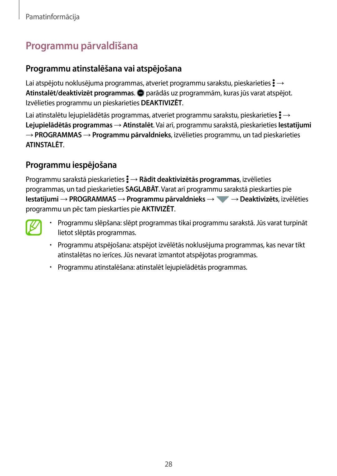 Samsung SM-T700NTSASEB manual Programmu pārvaldīšana, Programmu atinstalēšana vai atspējošana, Programmu iespējošana 