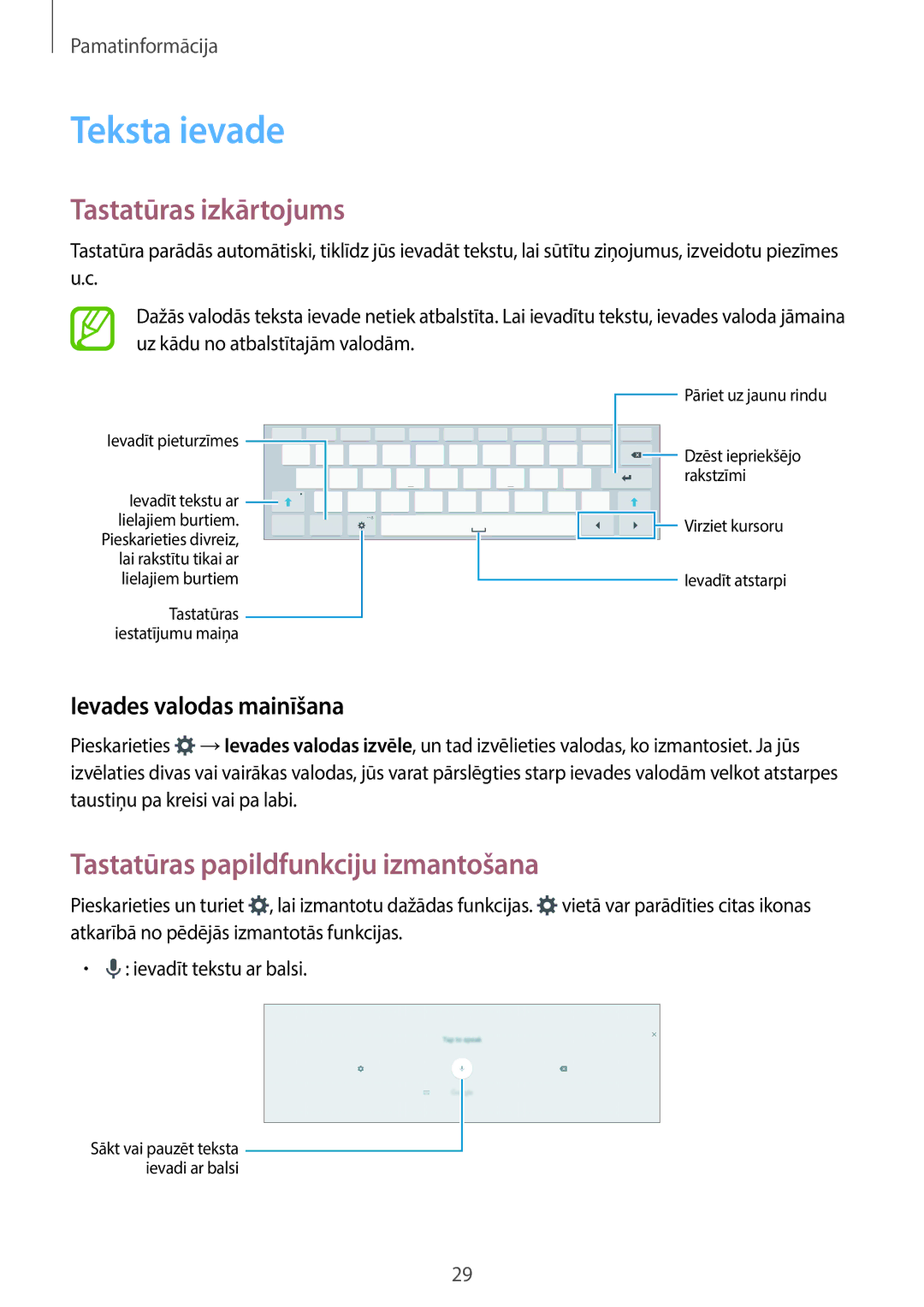 Samsung SM-T800NHAASEB, SM-T700NZWASEB manual Teksta ievade, Tastatūras izkārtojums, Tastatūras papildfunkciju izmantošana 