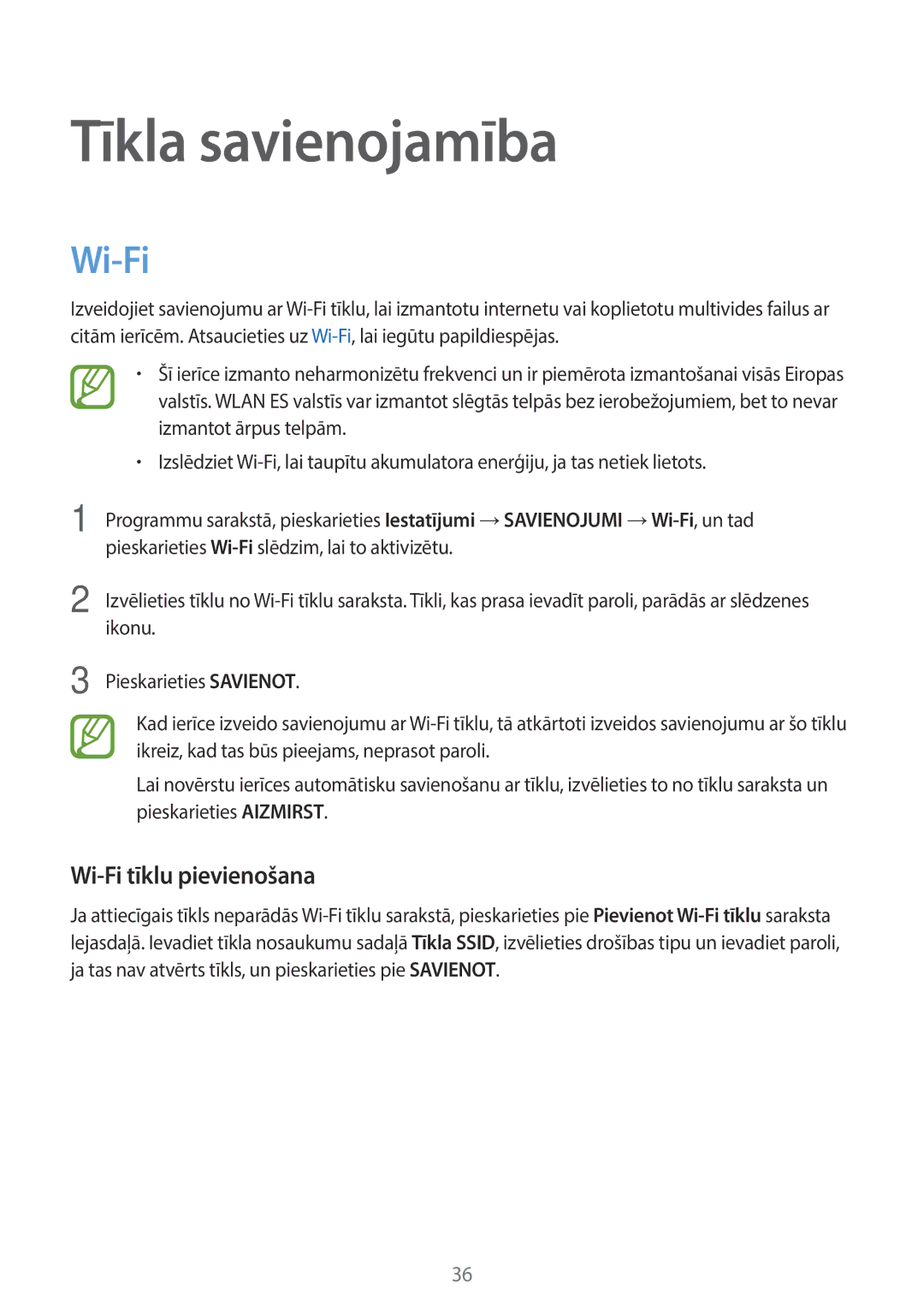 Samsung SM-T800NTSASEB, SM-T700NZWASEB, SM-T800NZWASEB, SM-T700NTSASEB Tīkla savienojamība, Wi-Fi tīklu pievienošana 