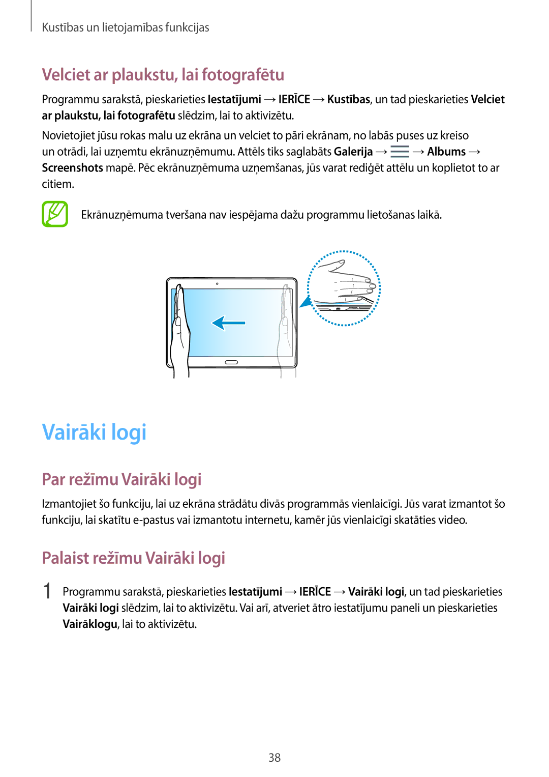 Samsung SM-T700NTSASEB Velciet ar plaukstu, lai fotografētu, Par režīmu Vairāki logi, Palaist režīmu Vairāki logi 