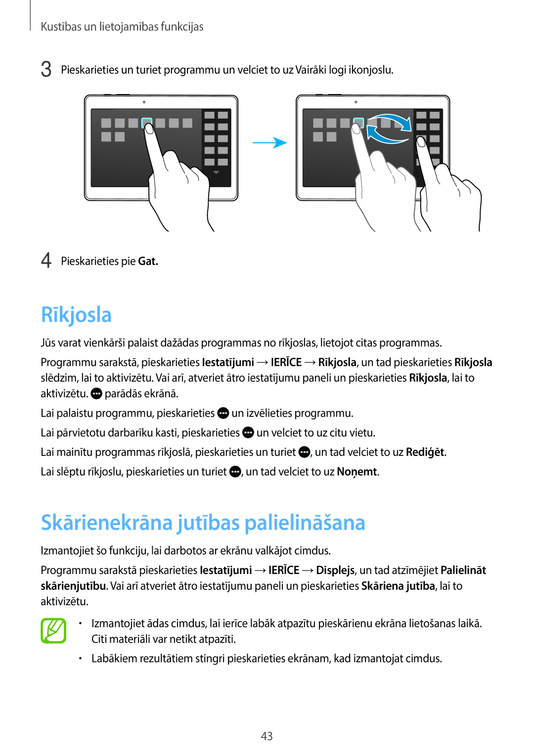 Samsung SM-T700NTSASEB, SM-T700NZWASEB, SM-T800NTSASEB, SM-T800NZWASEB manual Rīkjosla, Skārienekrāna jutības palielināšana 