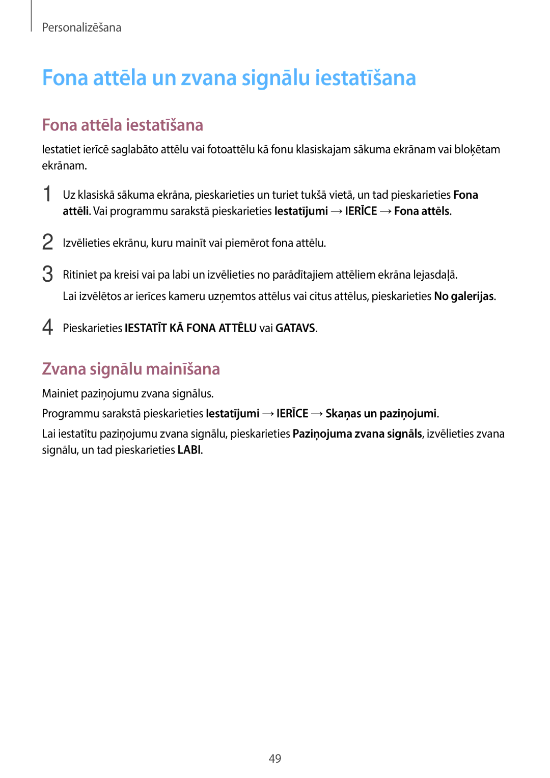 Samsung SM-T800NHAASEB manual Fona attēla un zvana signālu iestatīšana, Fona attēla iestatīšana, Zvana signālu mainīšana 