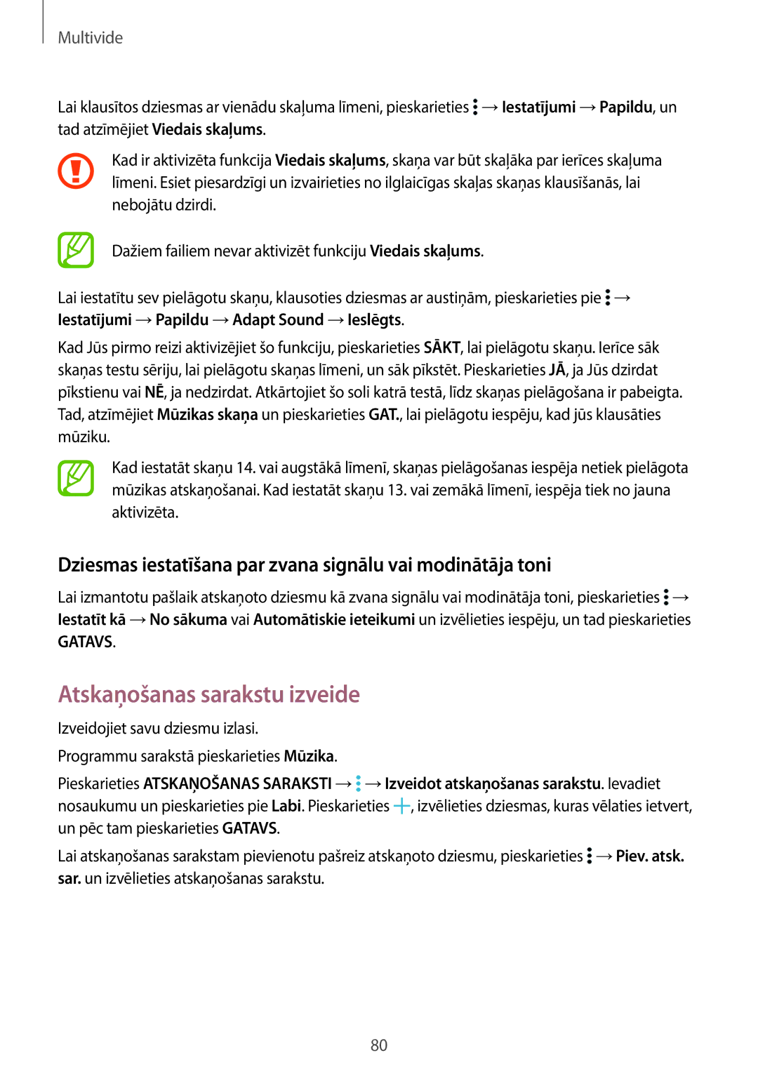 Samsung SM-T700NZWASEB manual Atskaņošanas sarakstu izveide, Dziesmas iestatīšana par zvana signālu vai modinātāja toni 